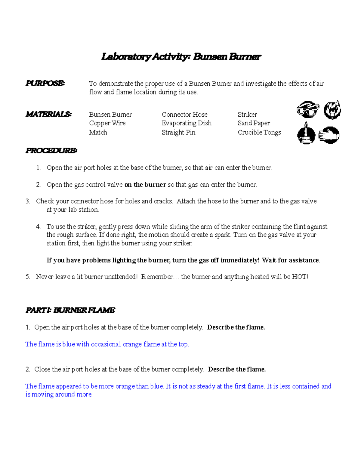 Bunsen Burner Lab Notes Laboratory Activity Bunsen Burner PURPOSE
