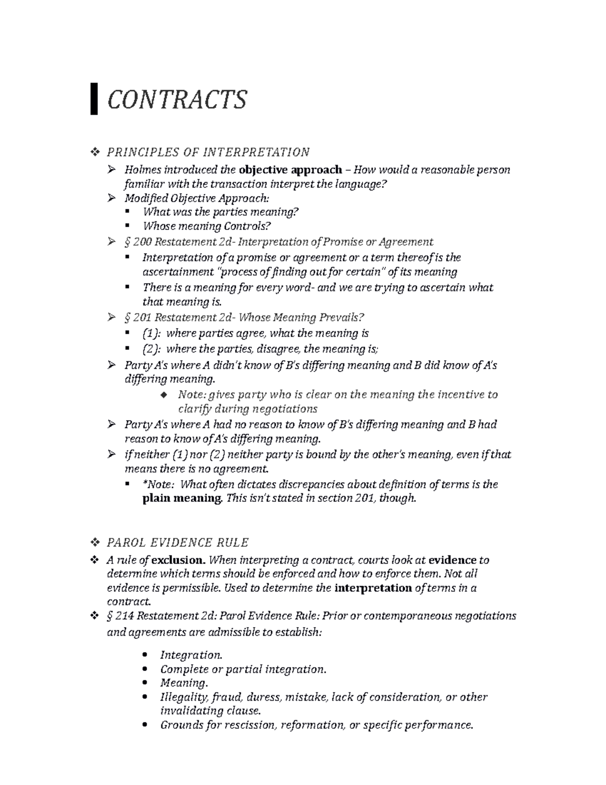 Contracts Rolling Outline CONTRACTS PRINCIPLES OF INTERPRETATION