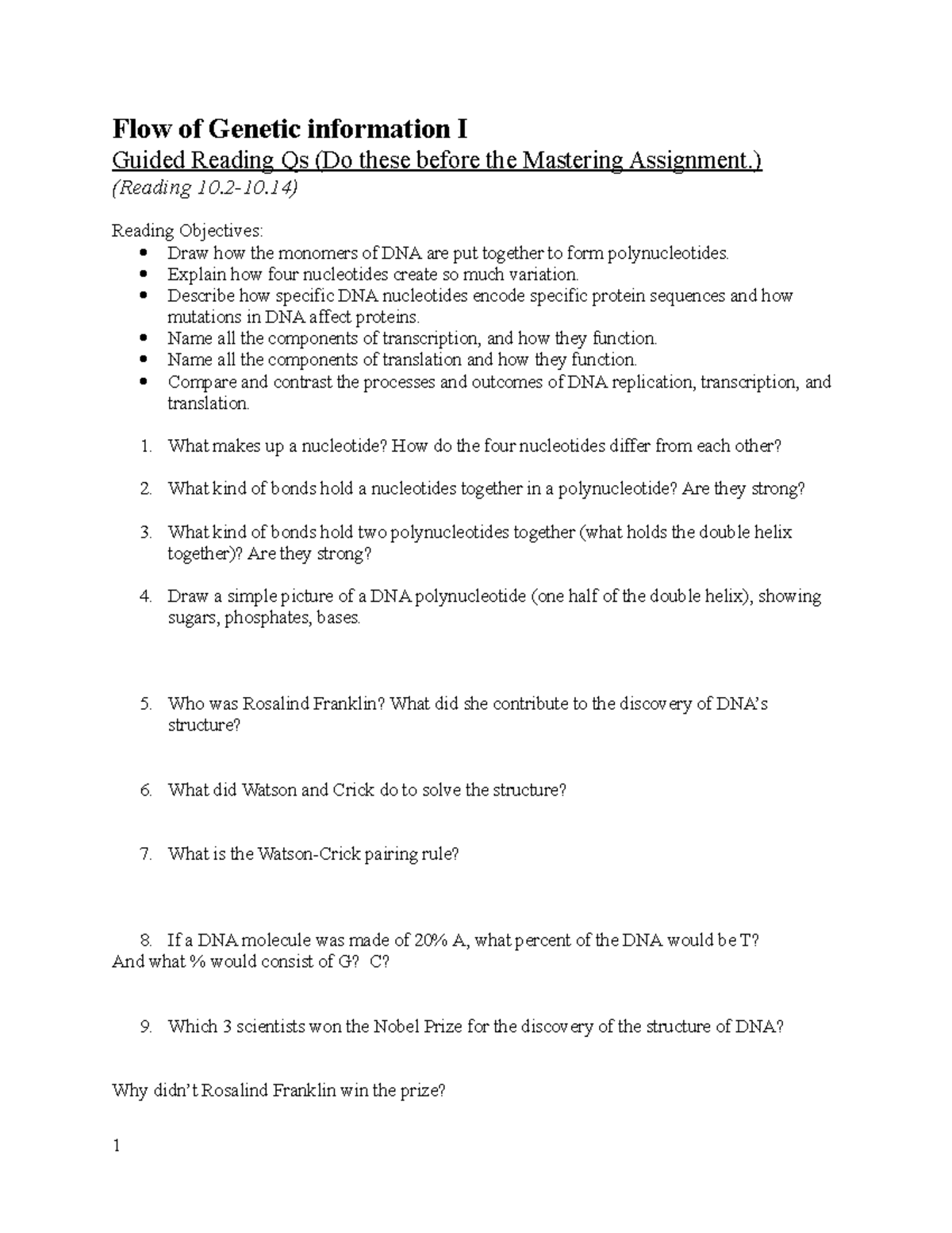 Lesson 13 GRQs Flow of Genetic information Part 1 - BIOL 101 - UNC ...