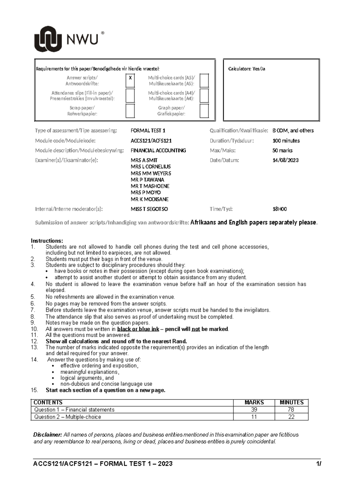 2023+ACCS+ACFS121+Formal+test+1 - Requirements for this paper ...