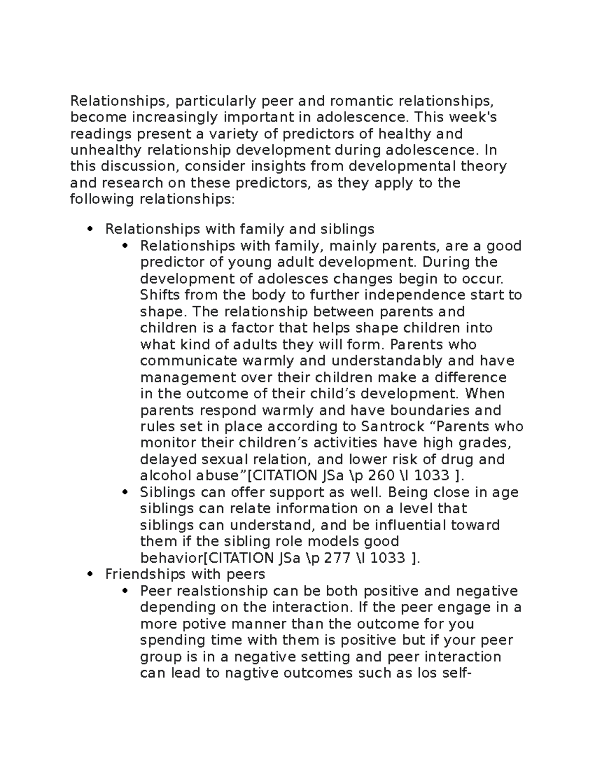 Relationships week 4 discussion - Relationships, particularly peer and ...