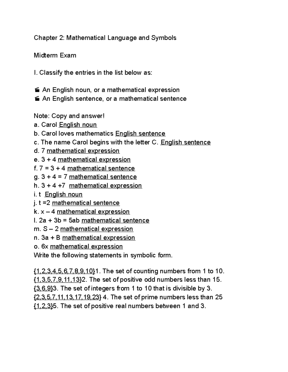 Math Exam - BHF - Chapter 2: Mathematical Language And Symbols Midterm ...