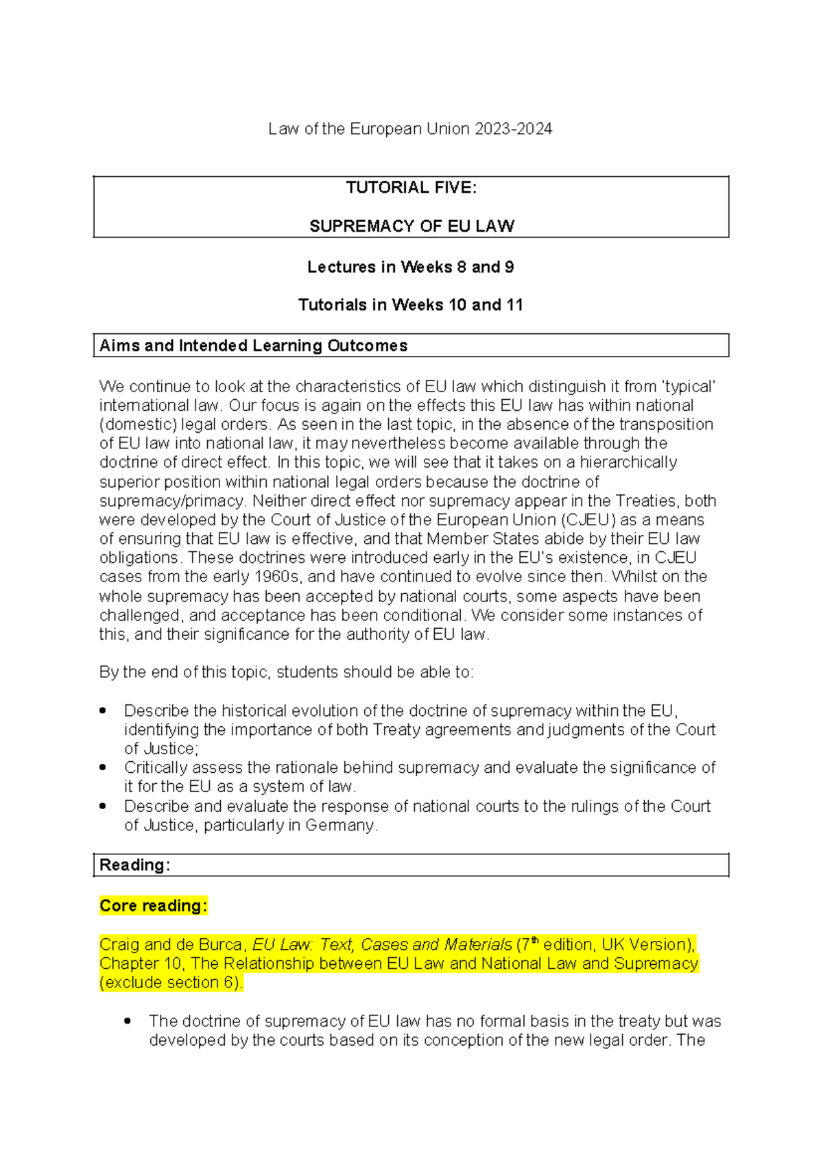 Supremacy 202324 - Law of the European Union 2023- TUTORIAL FIVE ...