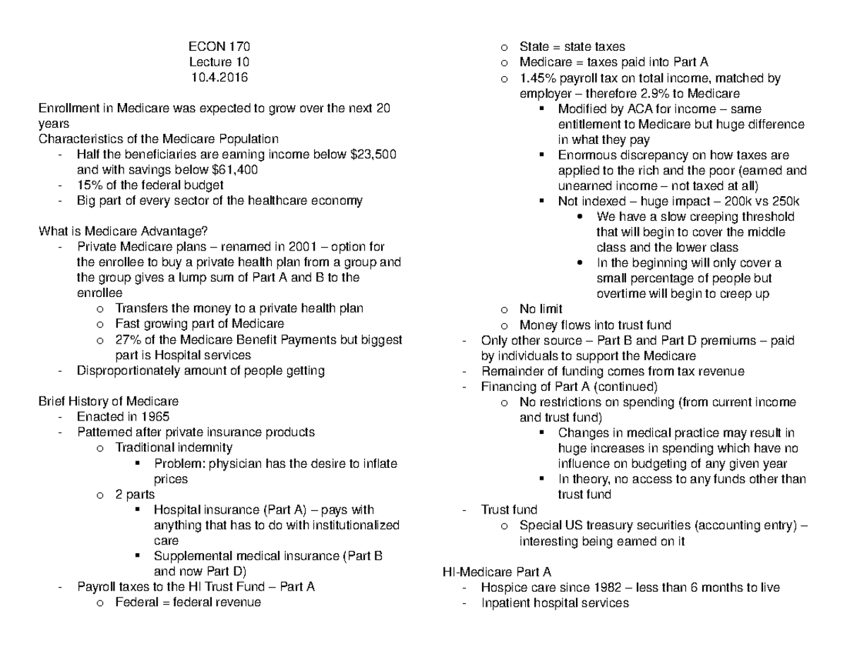 Health Econ Final Study Guide Econ Lecture Enrollment In