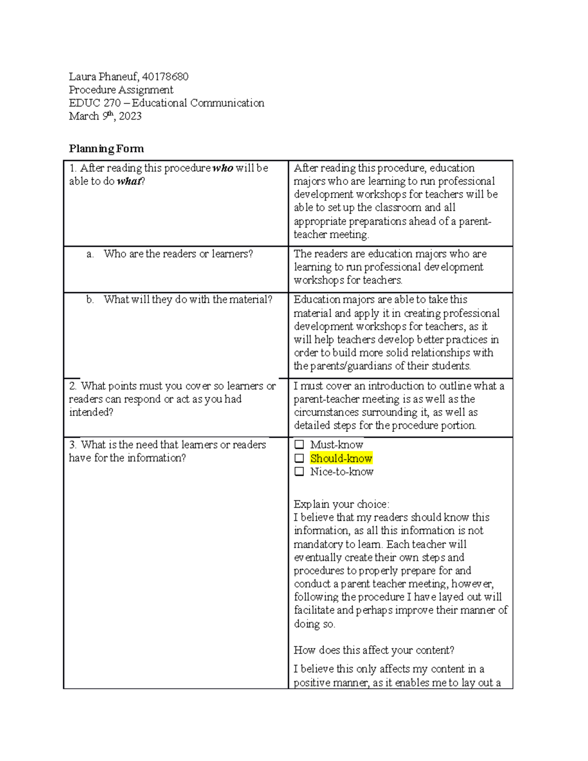 understanding procedures assignment