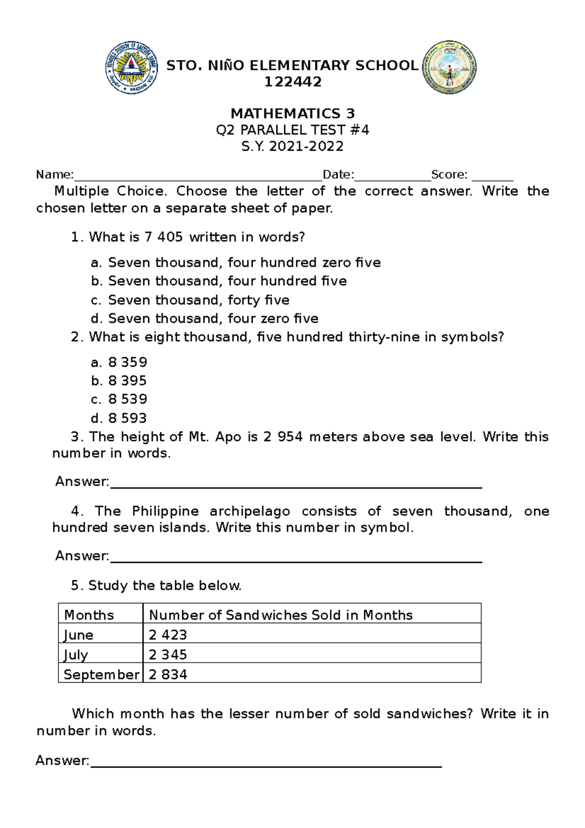 Grade 3 Summative Test in Math Modules 1-3 - STO. NIÑO ELEMENTARY ...