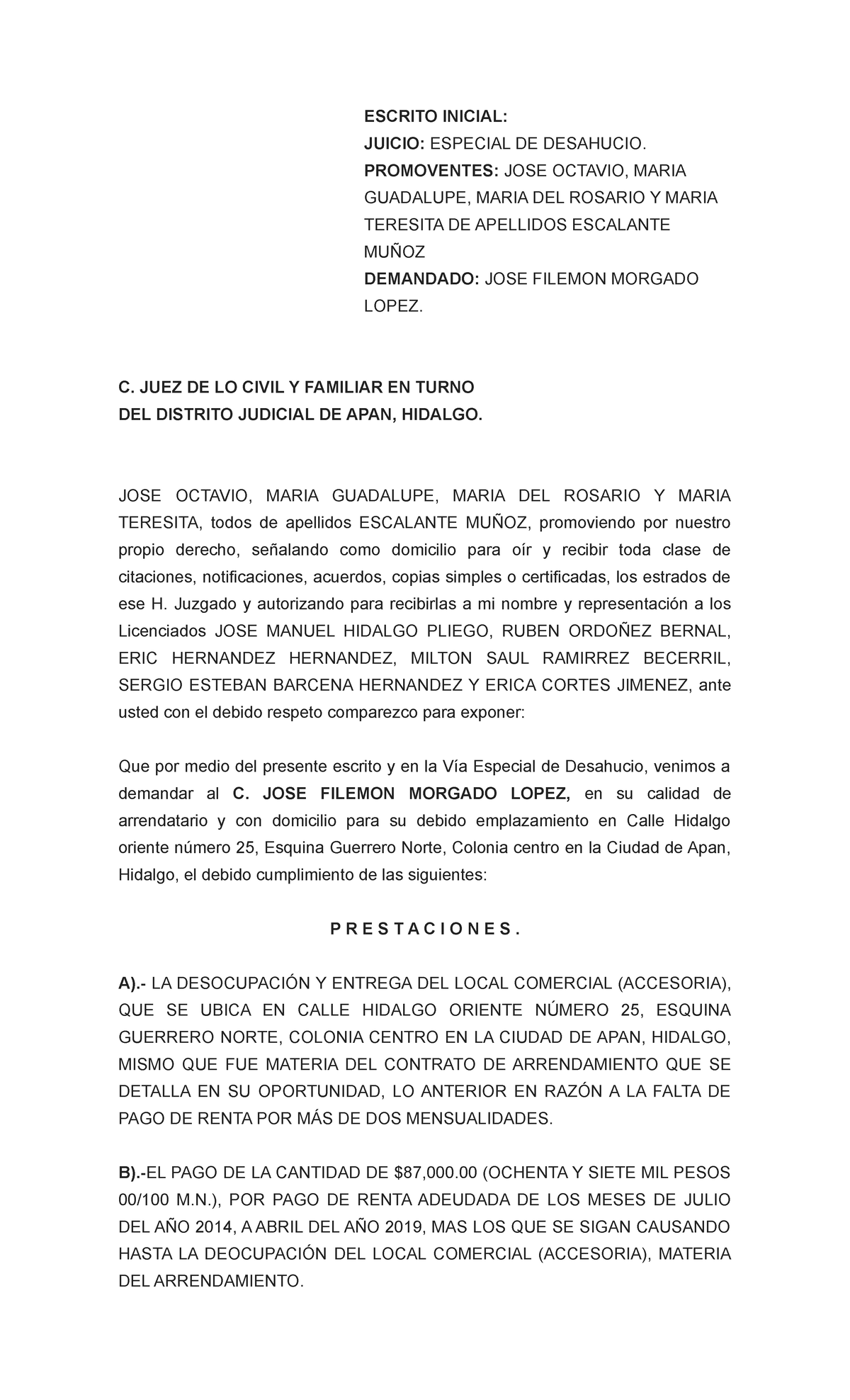 Demanda Desahucio TIOS Gordos - ESCRITO INICIAL: JUICIO: ESPECIAL DE ...