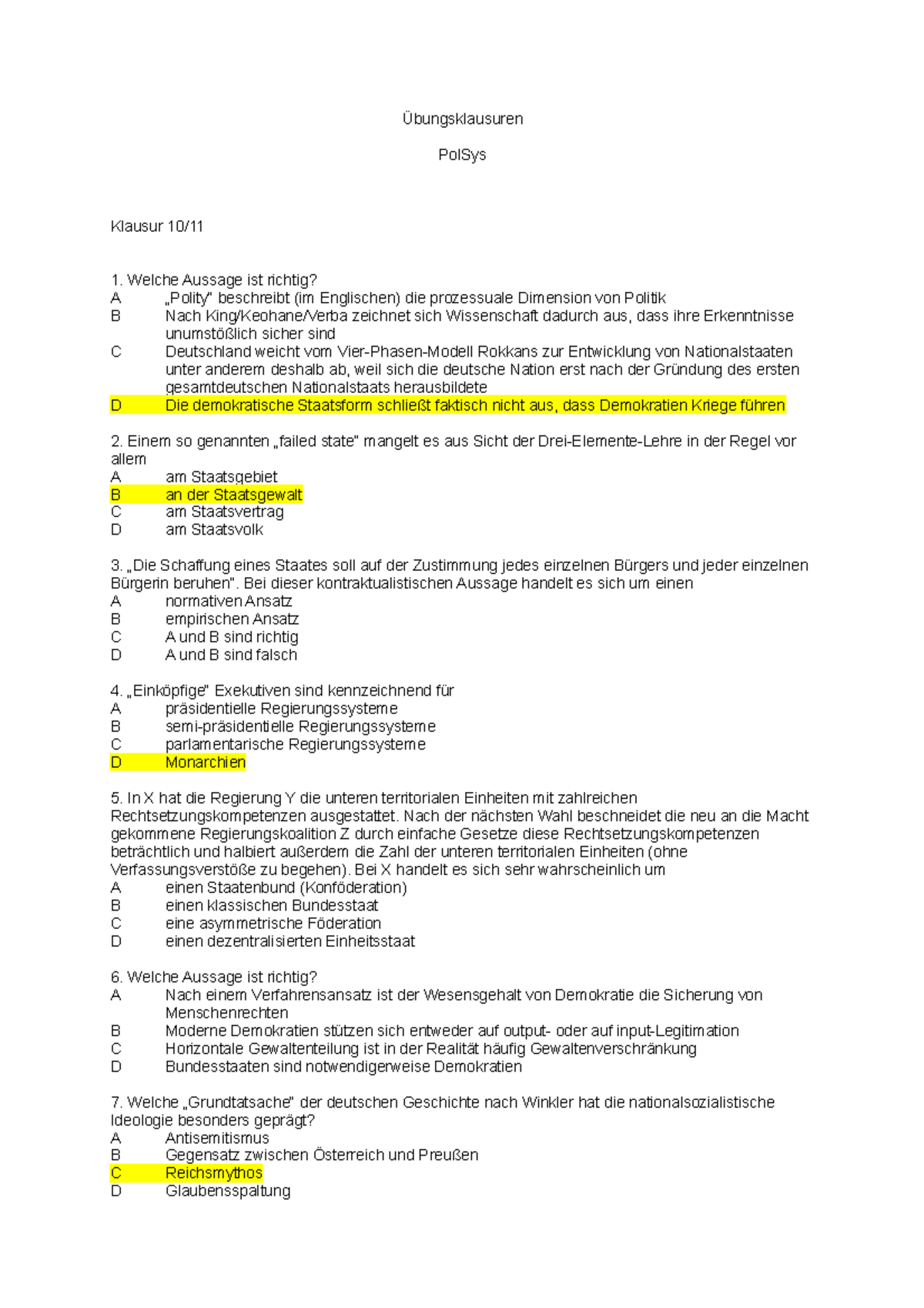 Welche Aussage Ist Richtig In Deutschland Klausur Winter 2013/2014, Fragen - Übungsklausuren PolSys Klausur 10