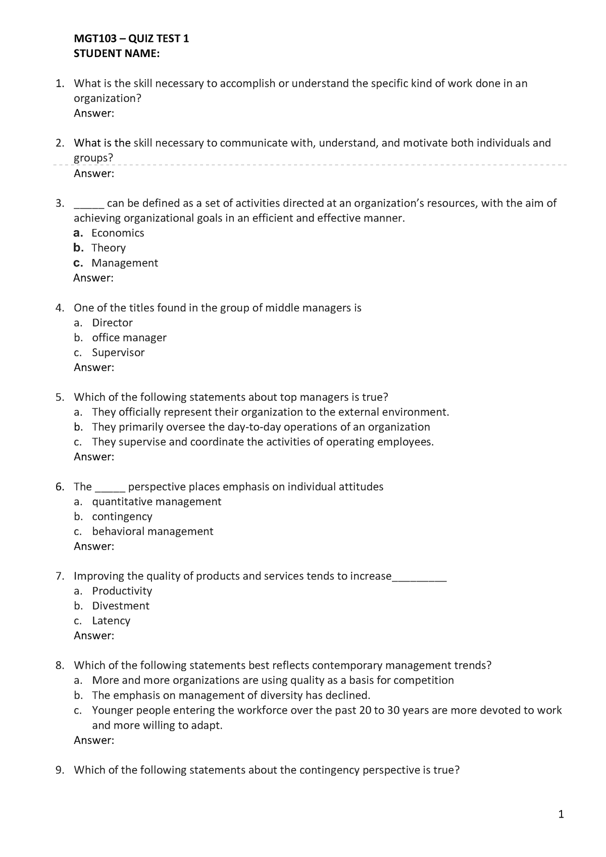 MGT103 Quiz Test 1 St - Document - MGT103 – QUIZ TEST 1 STUDENT NAME ...