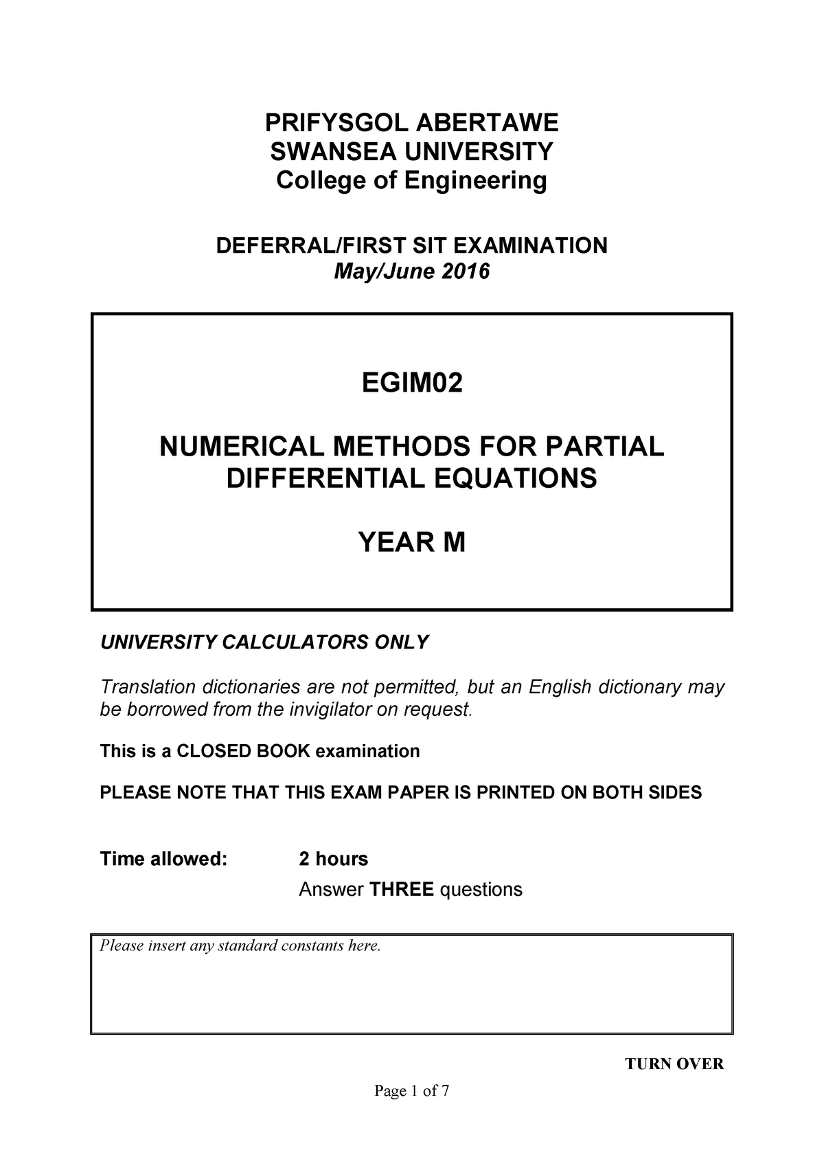 Exam 2016, Questions - PRIFYSGOL ABERTAWE SWANSEA UNIVERSITY College Of ...