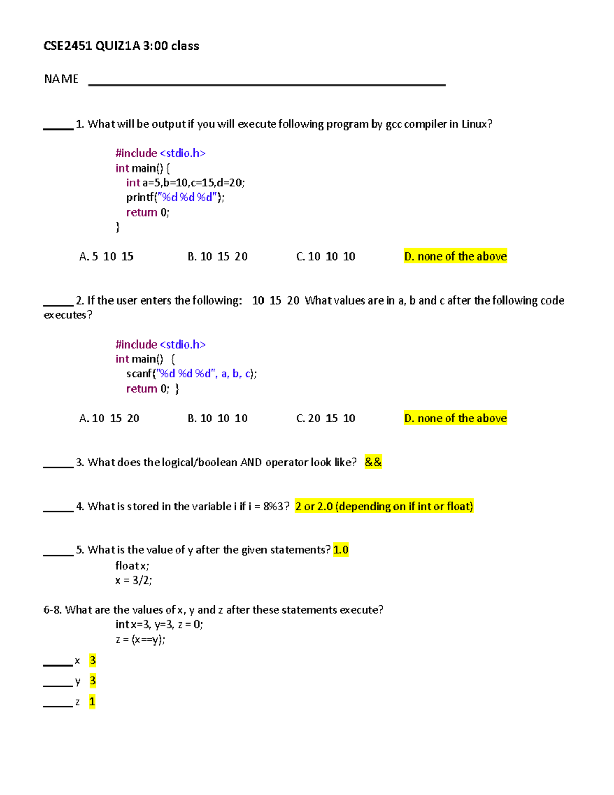 Seminar Assignments Quiz 1 12 And Solutions Cse2451 Quiz1a 3 00 Class Float X X 3 2 6 8 Studocu