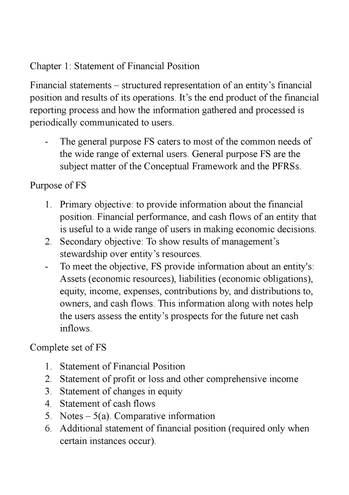 Chapter 1 Intacc 3 - notes - Chapter 1: Statement of Financial Position ...