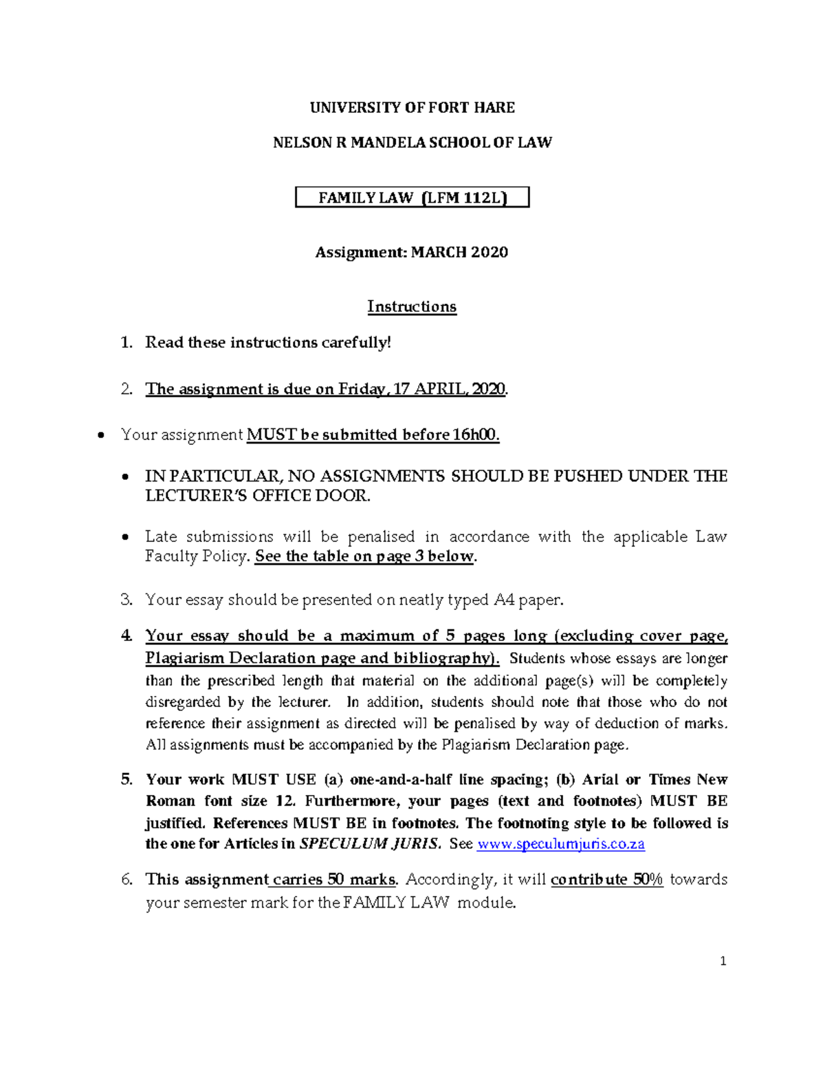 Family Law Assignment-2 - UNIVERSITY OF FORT HARE NELSON R MANDELA ...