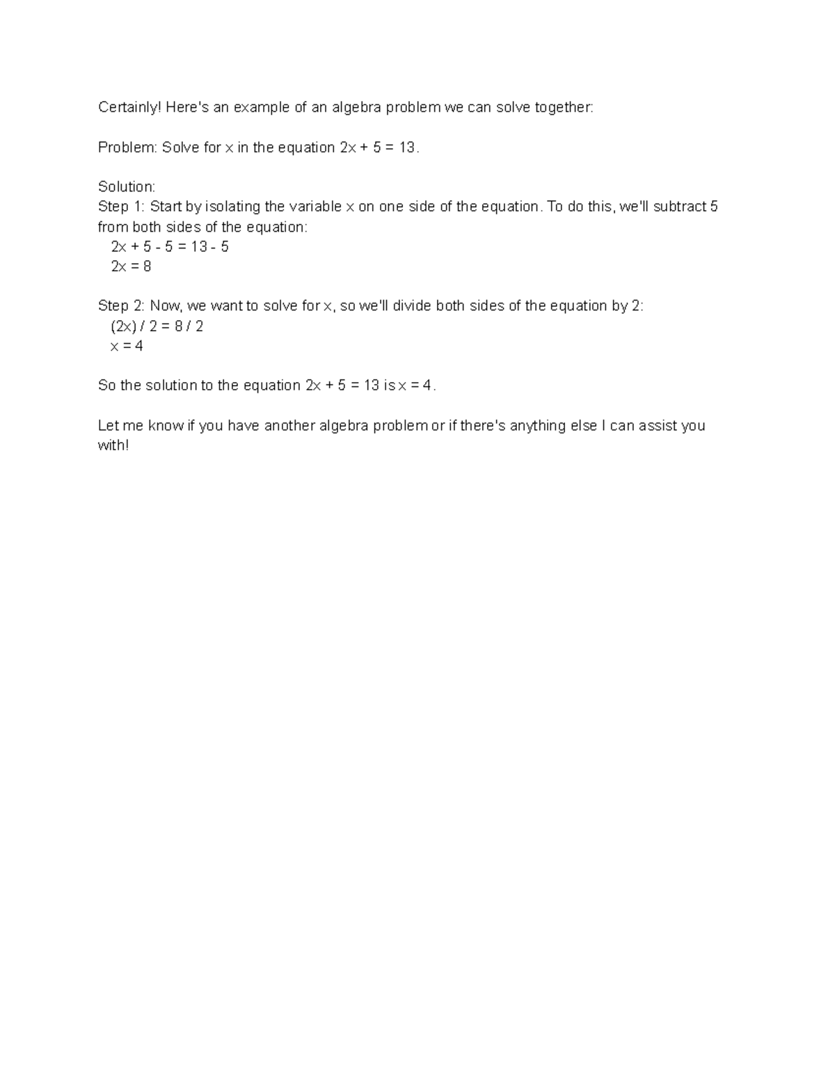 Certainly - hello - Certainly! Here's an example of an algebra problem ...