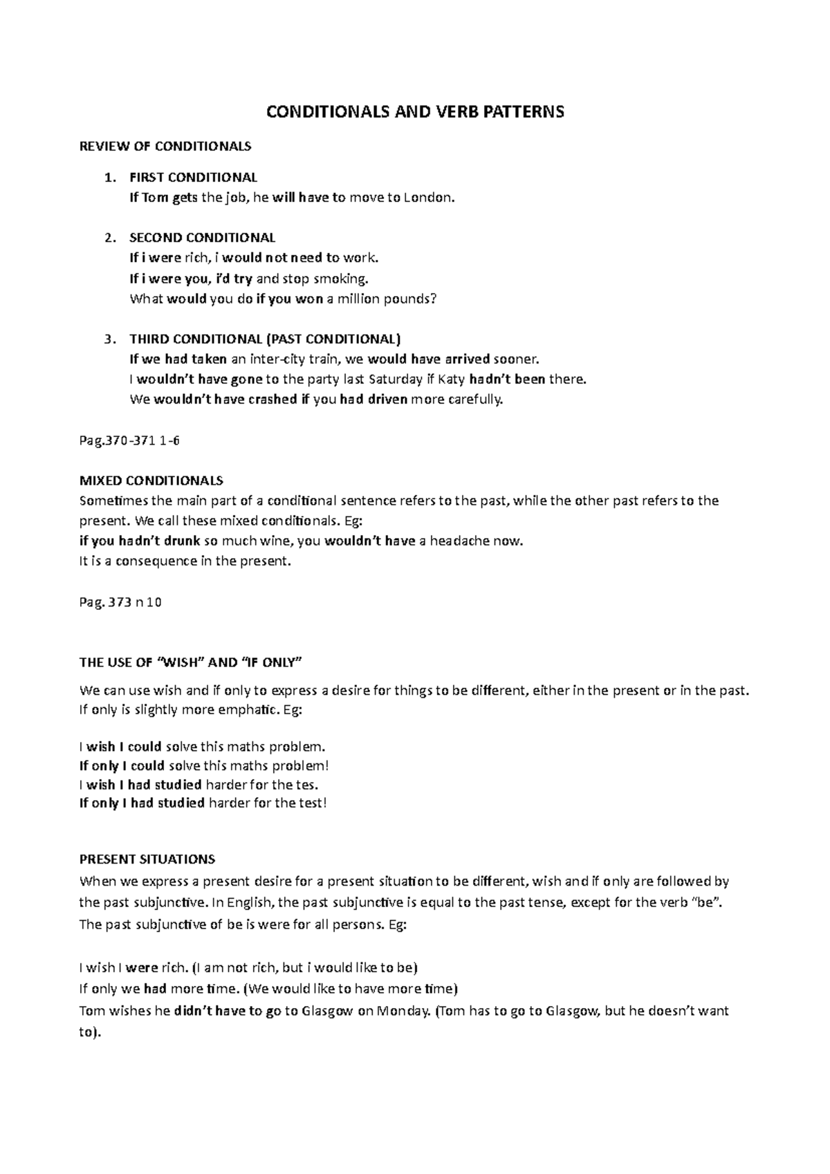 Conditionals AND VERB Patterns - CONDITIONALS AND VERB PATTERNS REVIEW ...