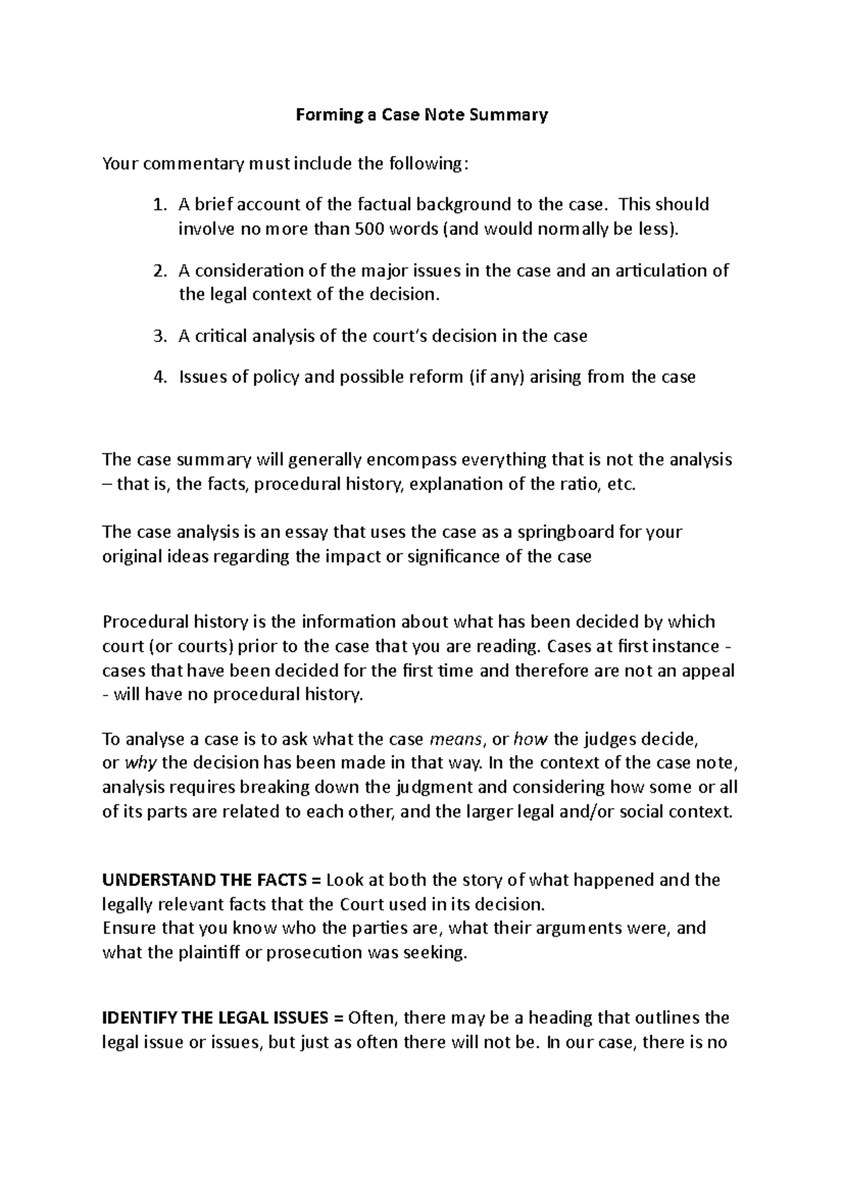 Forming a Case Note Summary - This should involve no more than 500 ...