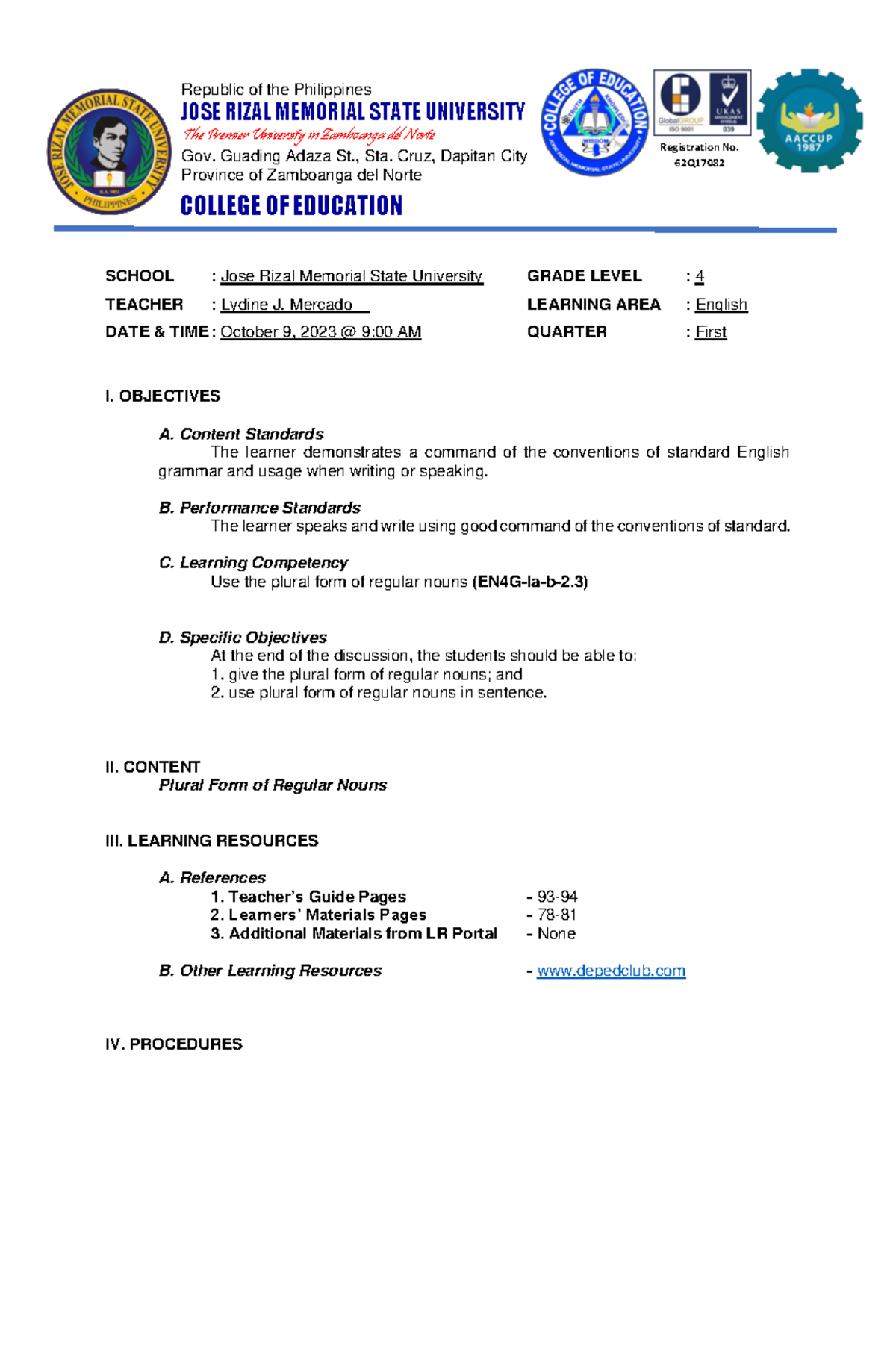 English LP Final - Copy - Science detailed lesson plan - COLLEGE OF ...