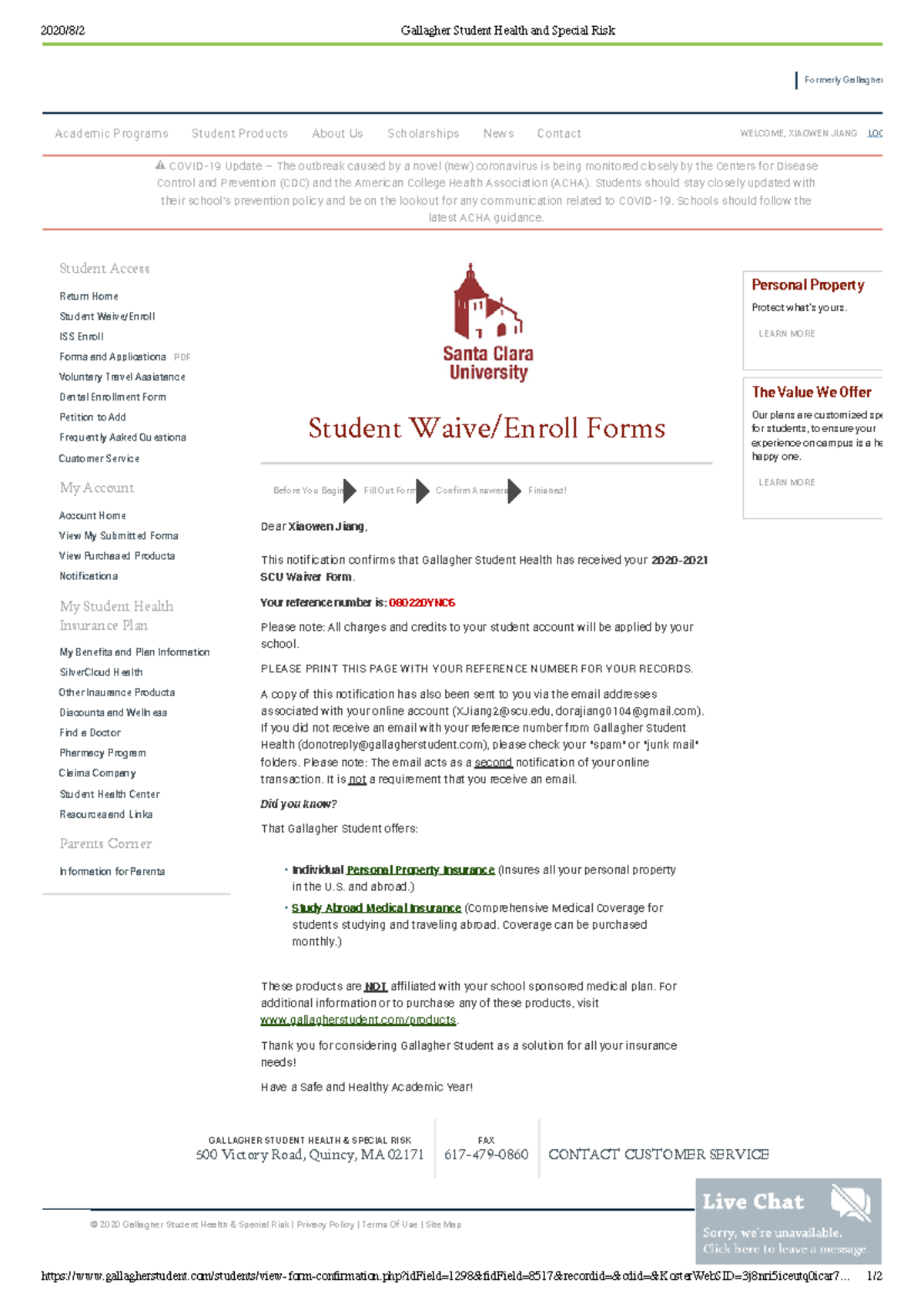 Gallagher Student Health and Special Risk 2020/8/2 Gallagher Student