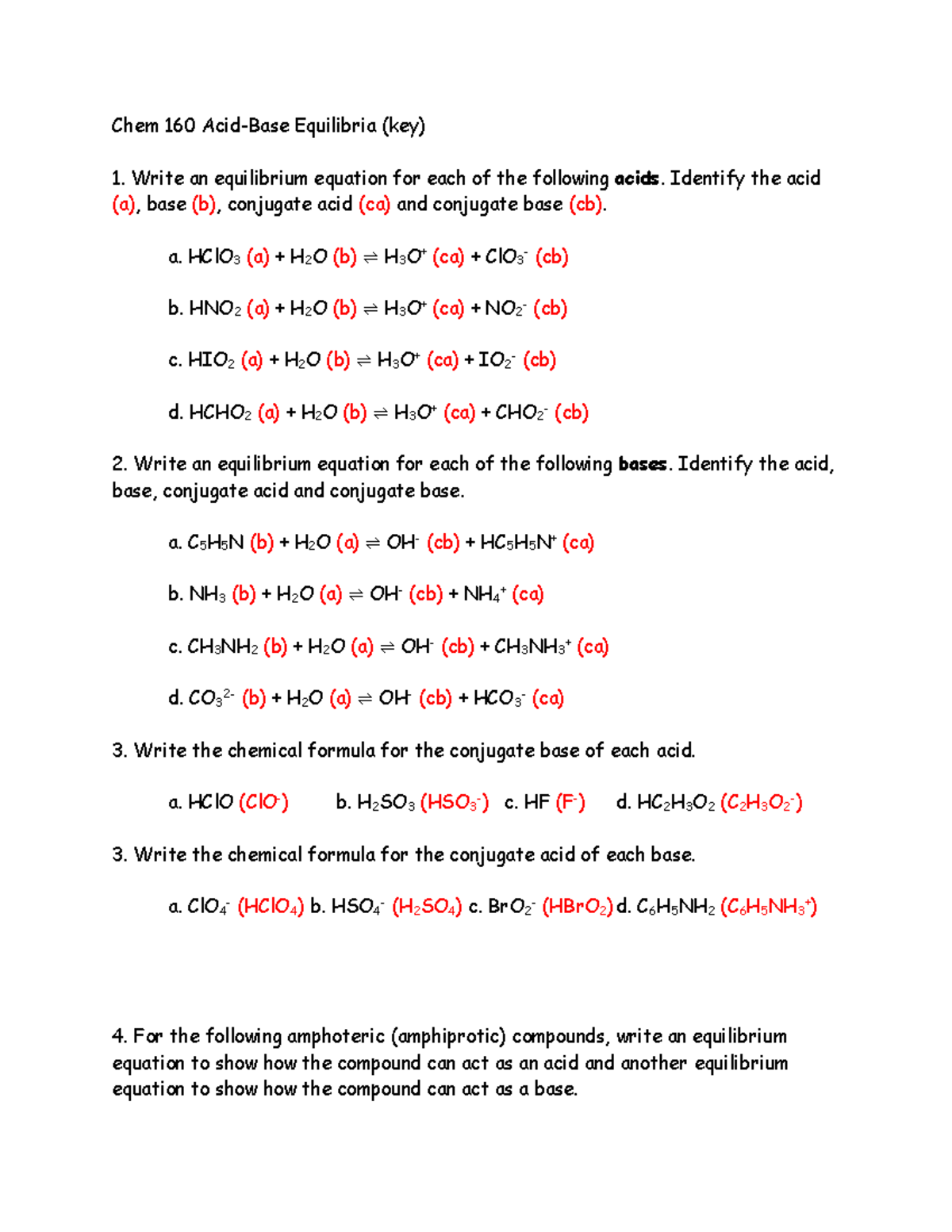 Chem 160 Acid-Base Equilibria Worksheet (key) - Chem 160 Acid-Base ...