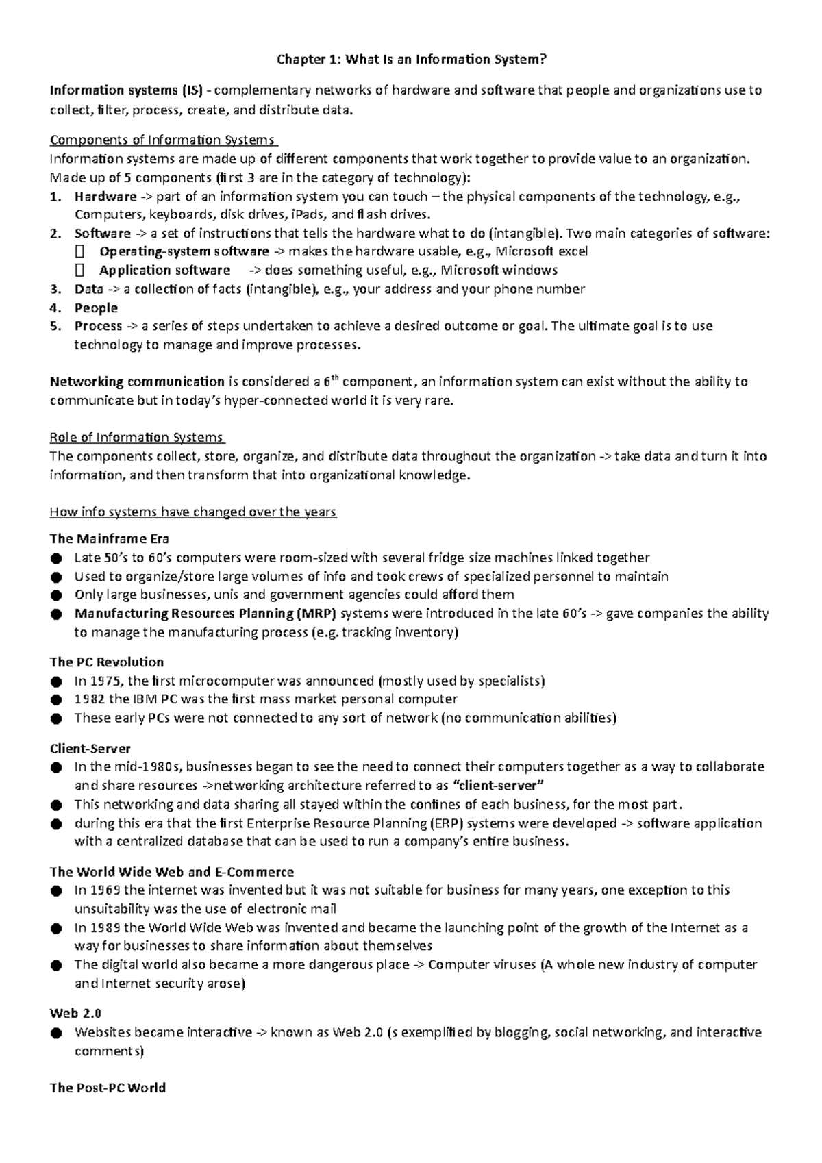 IDM Week 1 notes (ch 1,3,10) - Chapter 1: What Is an Information System ...