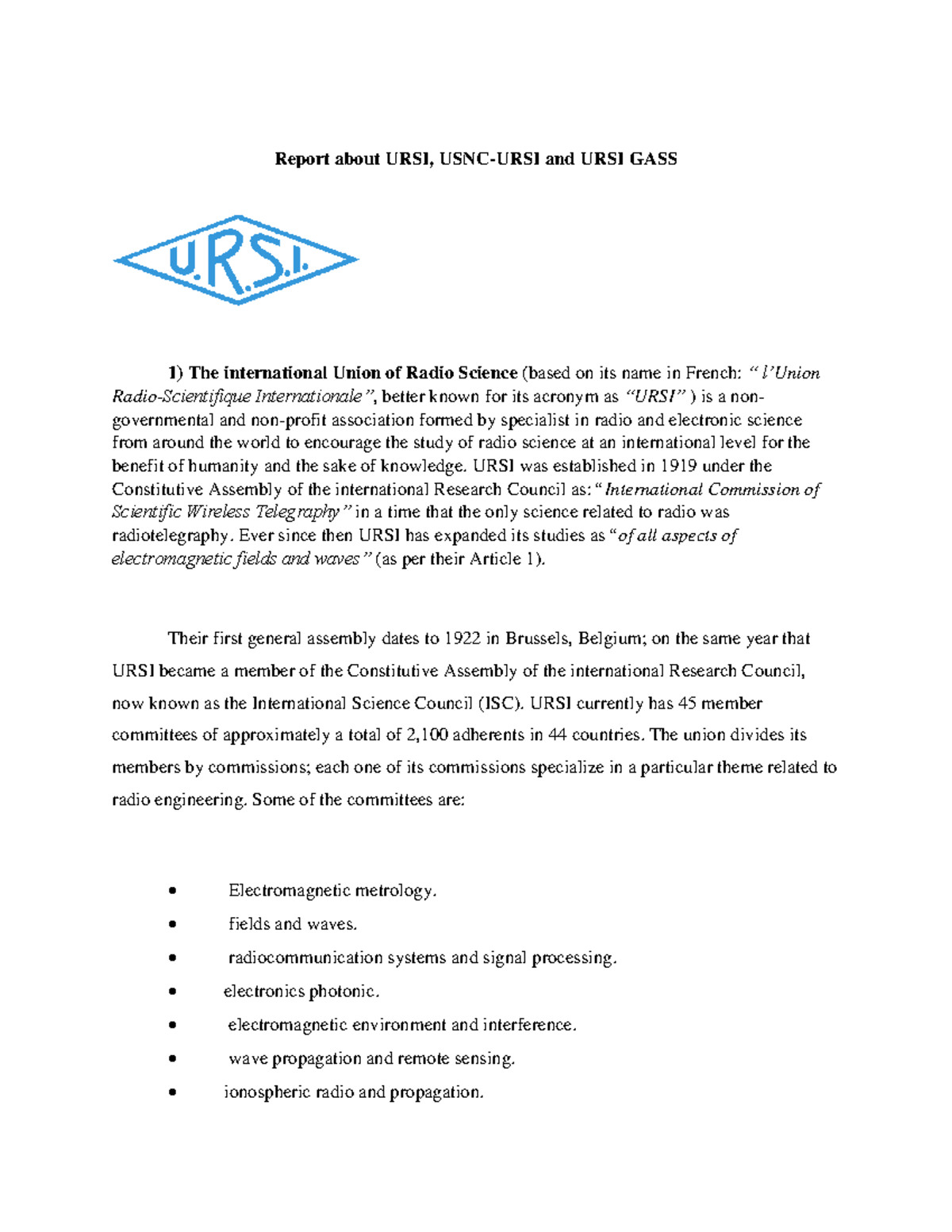 Extra Credit Assignment URSI, USNC-URSI and URSI GASS - Report about ...
