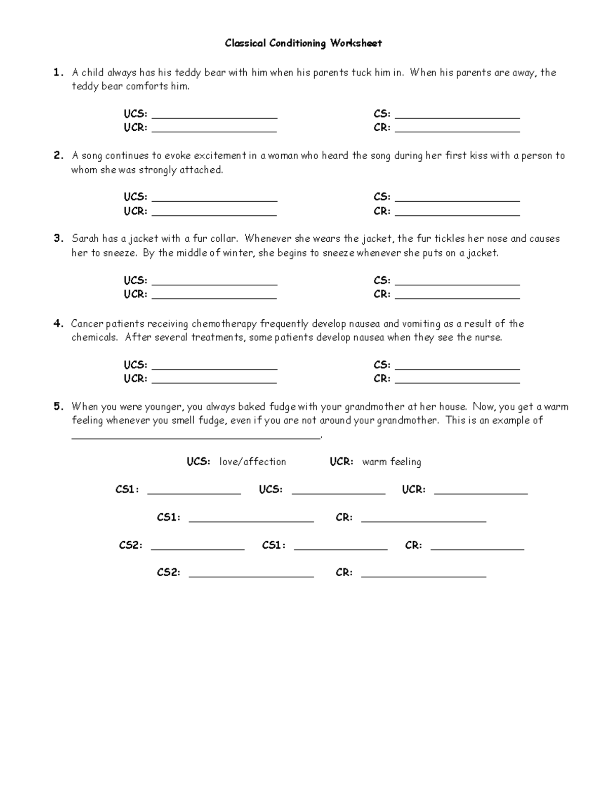 Classical Conditioning Worksheet Masterdoc 4 Classical Conditioning