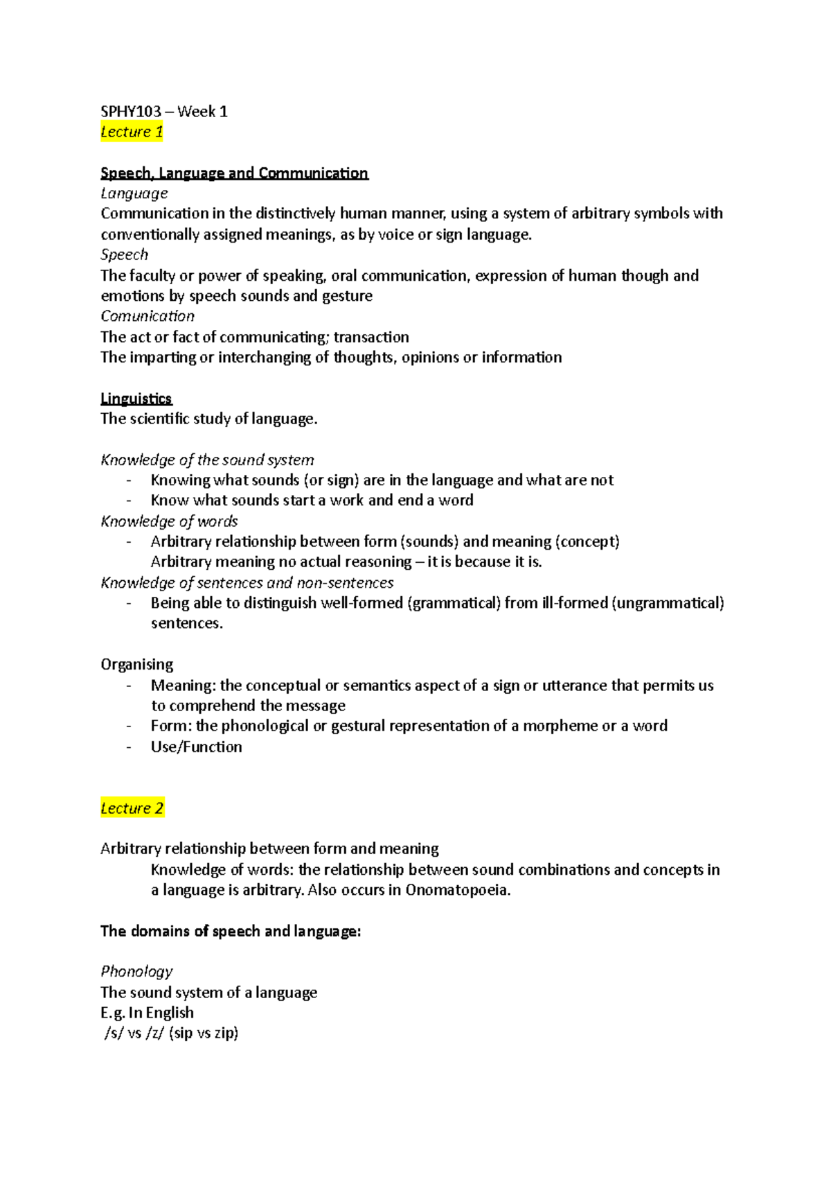 SPHY103 Week 1 Lecture 1 Speech Language and Communication - Studocu