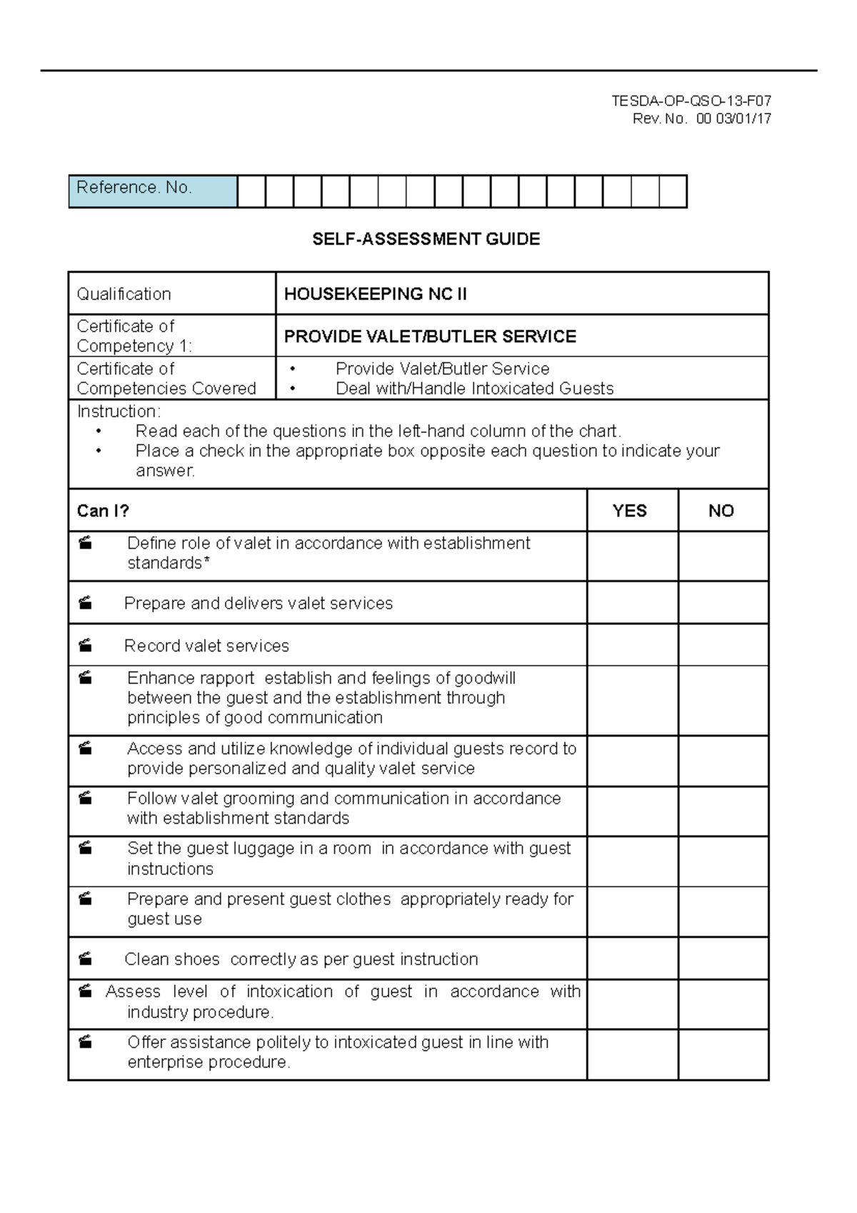 SAG Housekeeping NC II - Lecture Notes - Rev. No. 00 03/01/ Reference ...