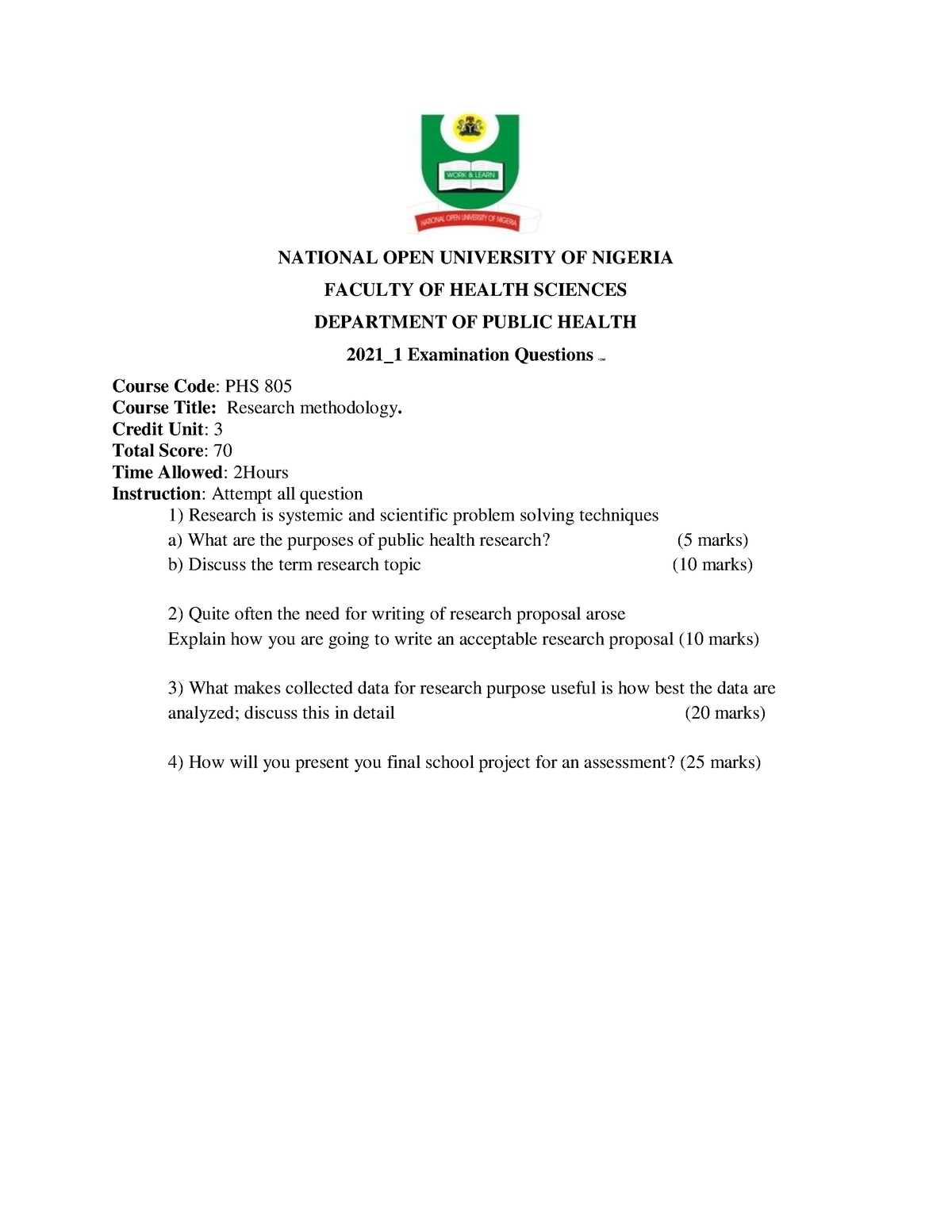 PHS805-2021 - NATIONAL OPEN UNIVERSITY OF NIGERIA FACULTY OF HEALTH ...