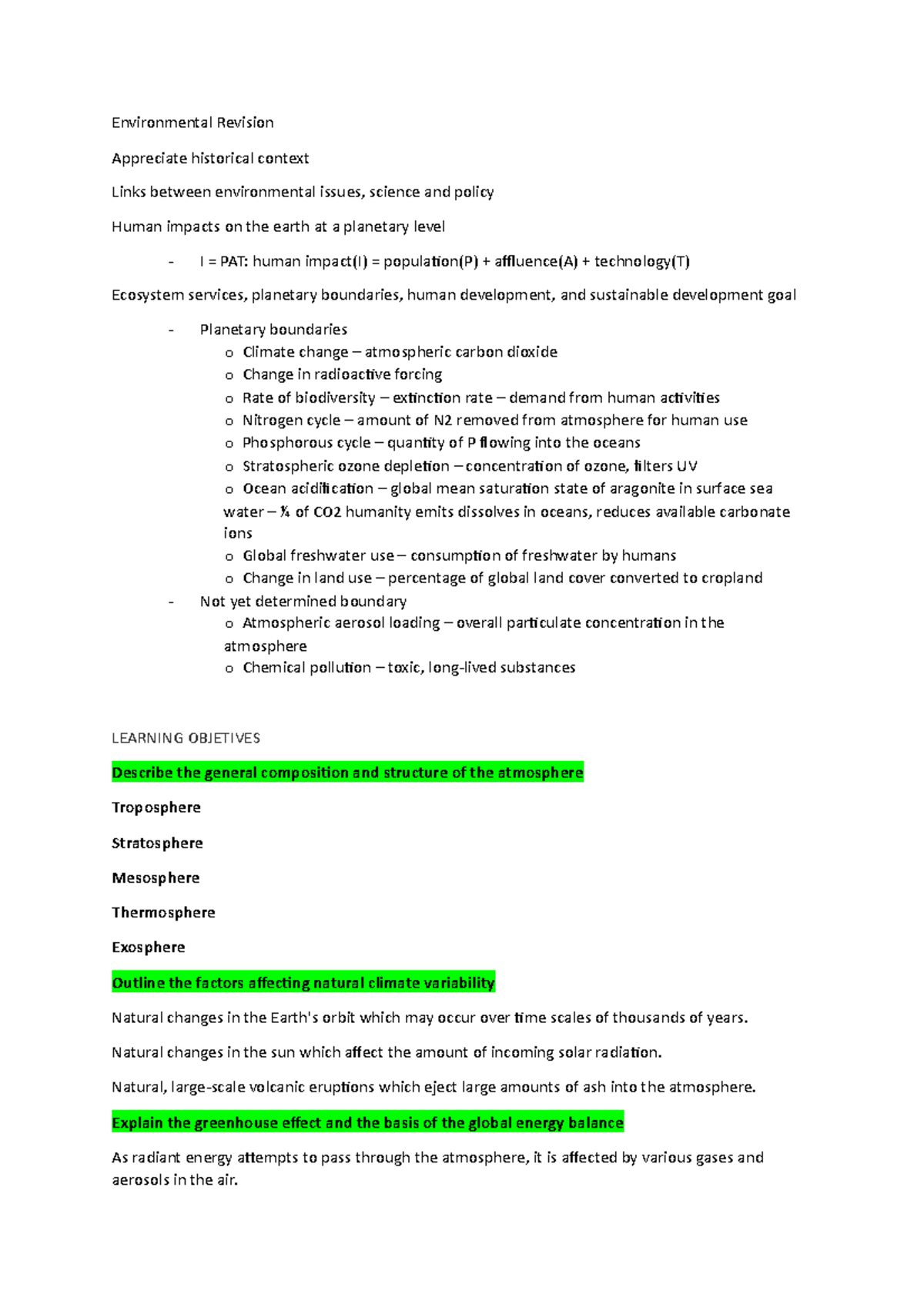 Study notes - Environmental Revision Appreciate historical context ...