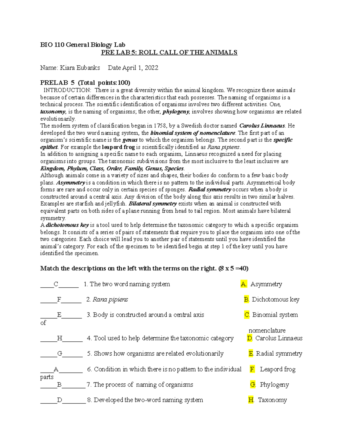 BIO 110L Prelab 5 (done) - BIO 110 General Biology Lab PRE LAB 5: ROLL ...
