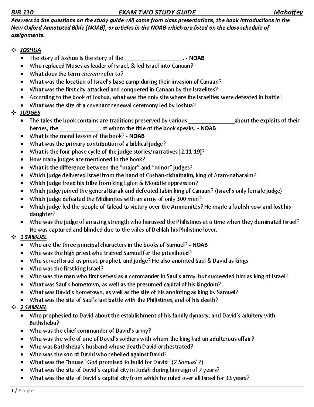 BIB 110 Exam Two Study Guide - Studocu