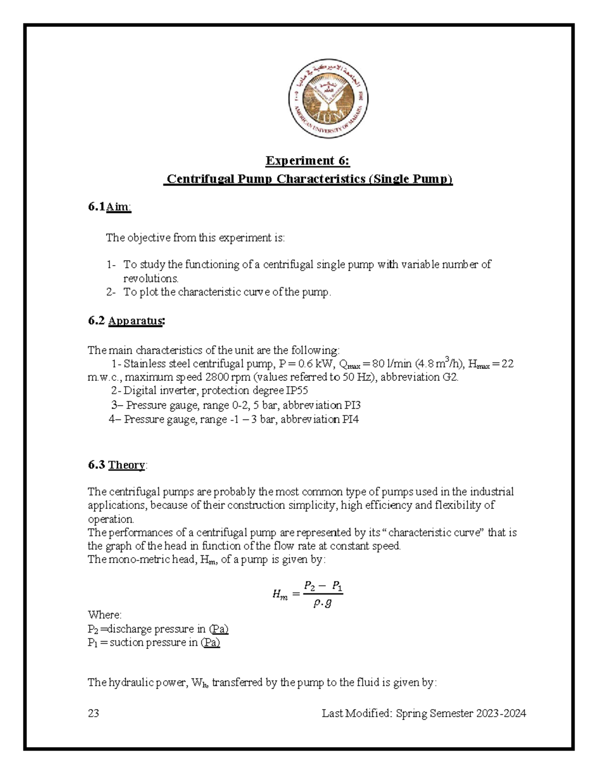 EXP.6 Centrifugal Pump Characteristics (Single Pump) - 23 6 A T 1 2 6 A ...