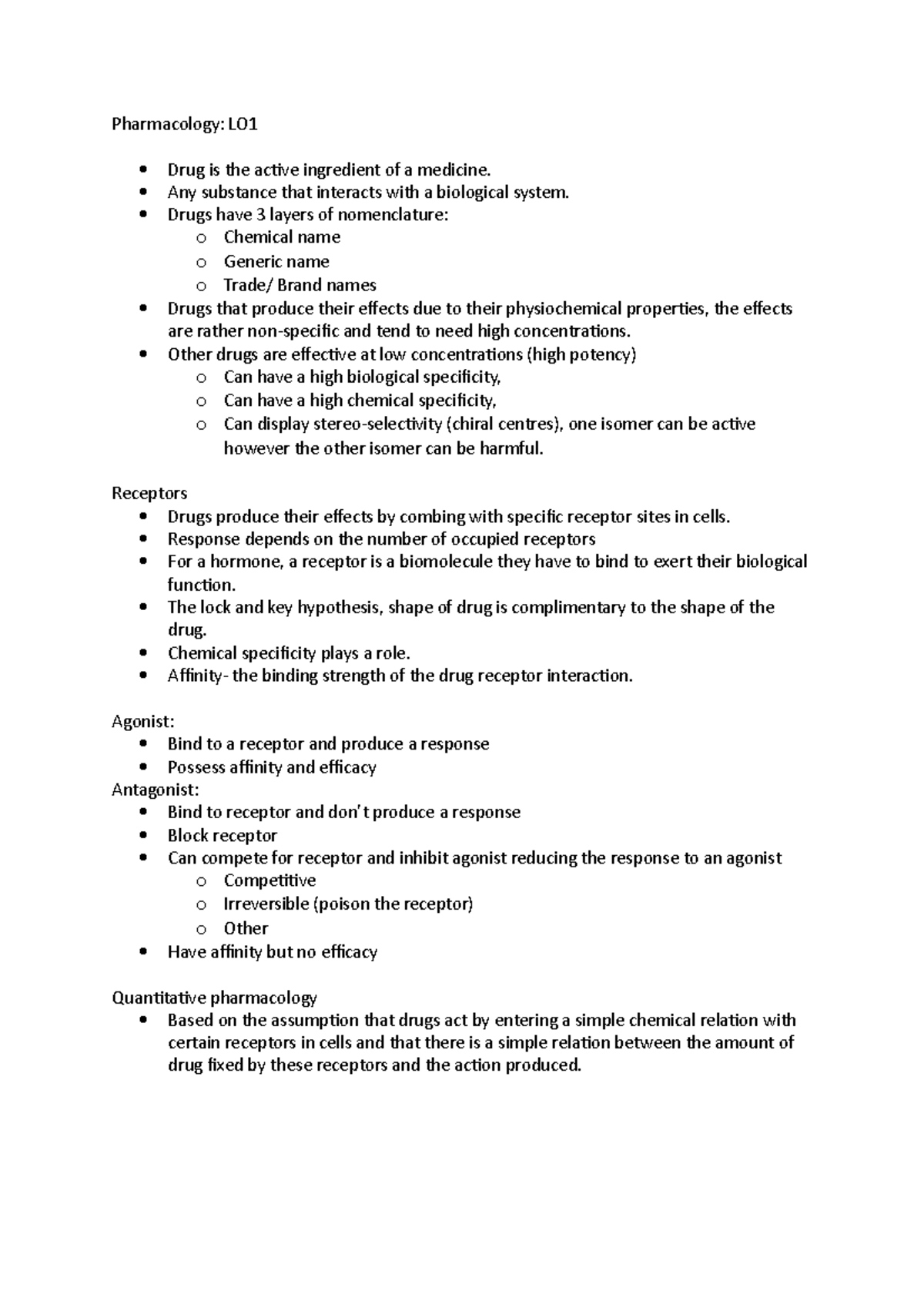 Pharmacology L01, L02 Lecture notes 12 Pharmacology LO Drug is