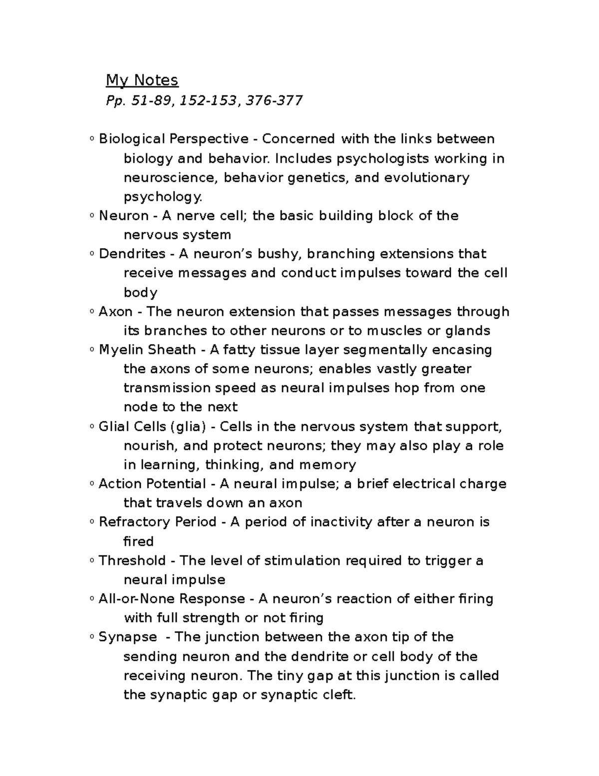 Biology & Psychology Lecture notes 1 My Notes Pp. 5189, 152153