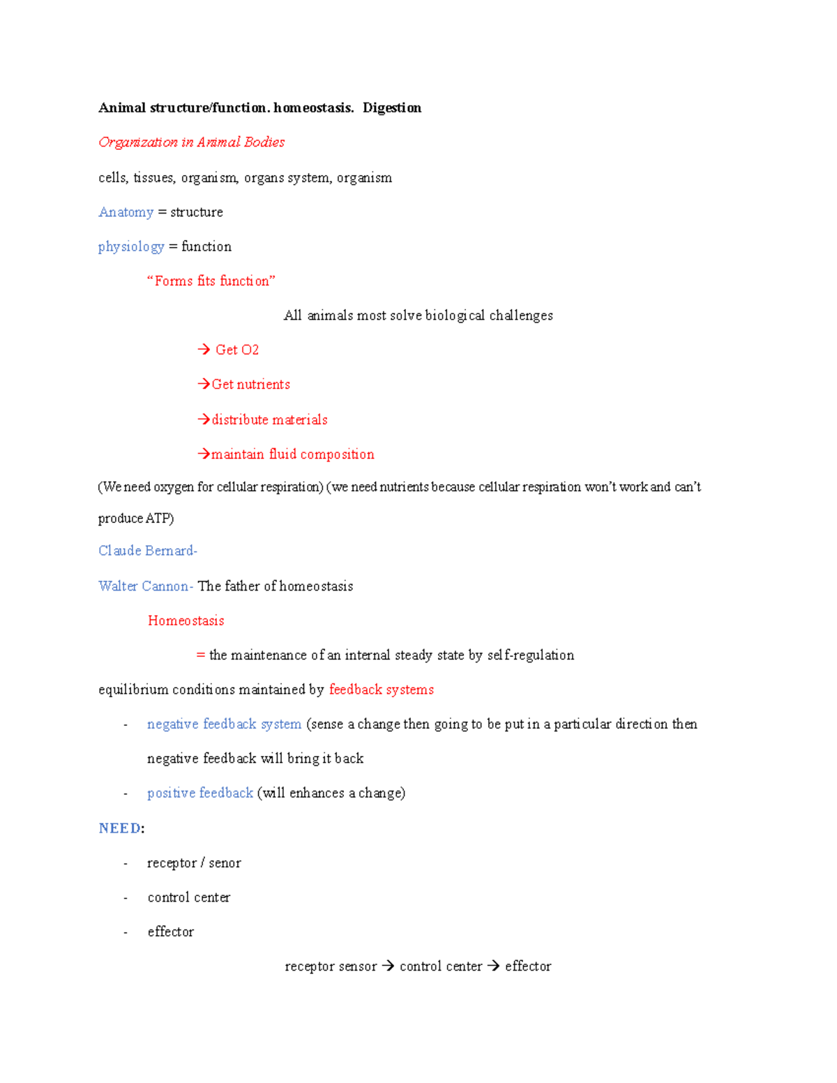 Animal structure Notes - Animal structure/function. homeostasis