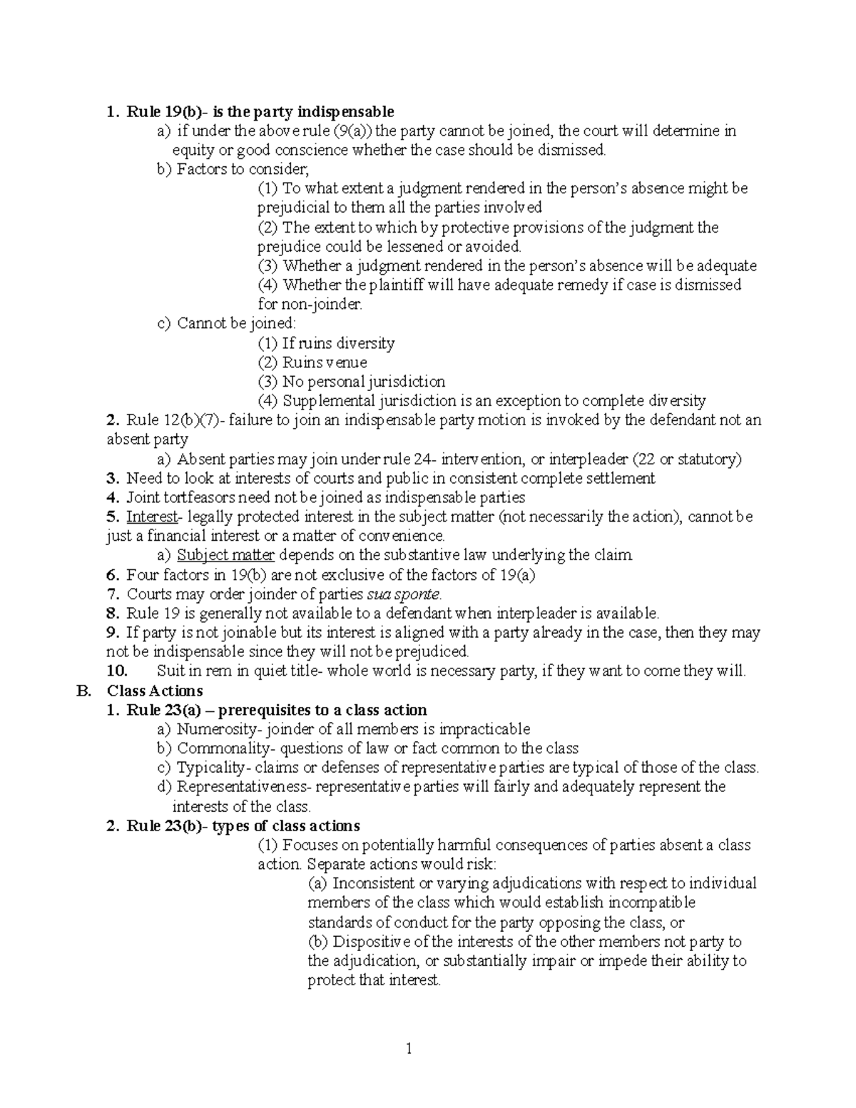 Civil Procedure - Prof. Mcbride 1 - Rule 19(b)- is the party ...