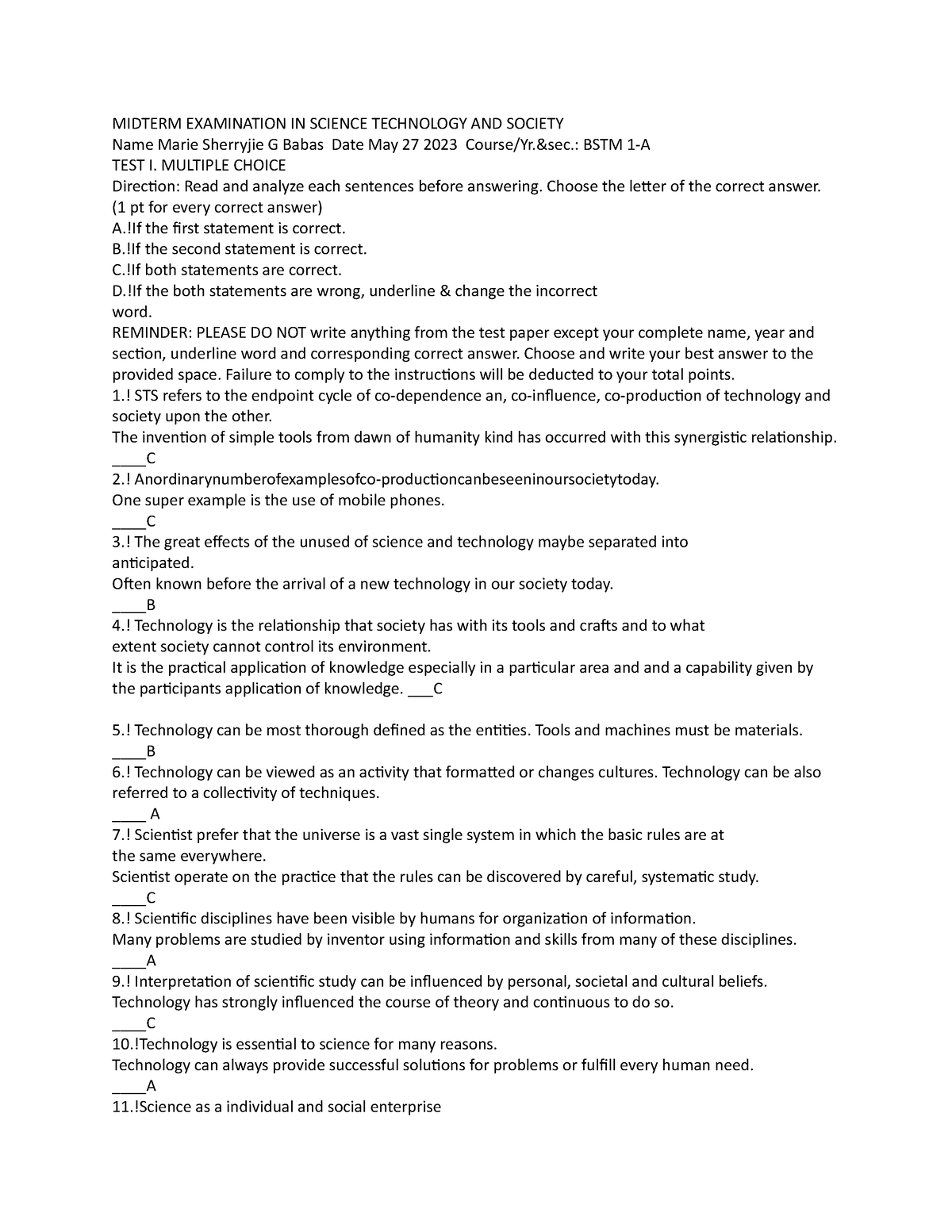 STS STS SCIENCE - MIDTERM EXAMINATION IN SCIENCE TECHNOLOGY AND SOCIETY ...