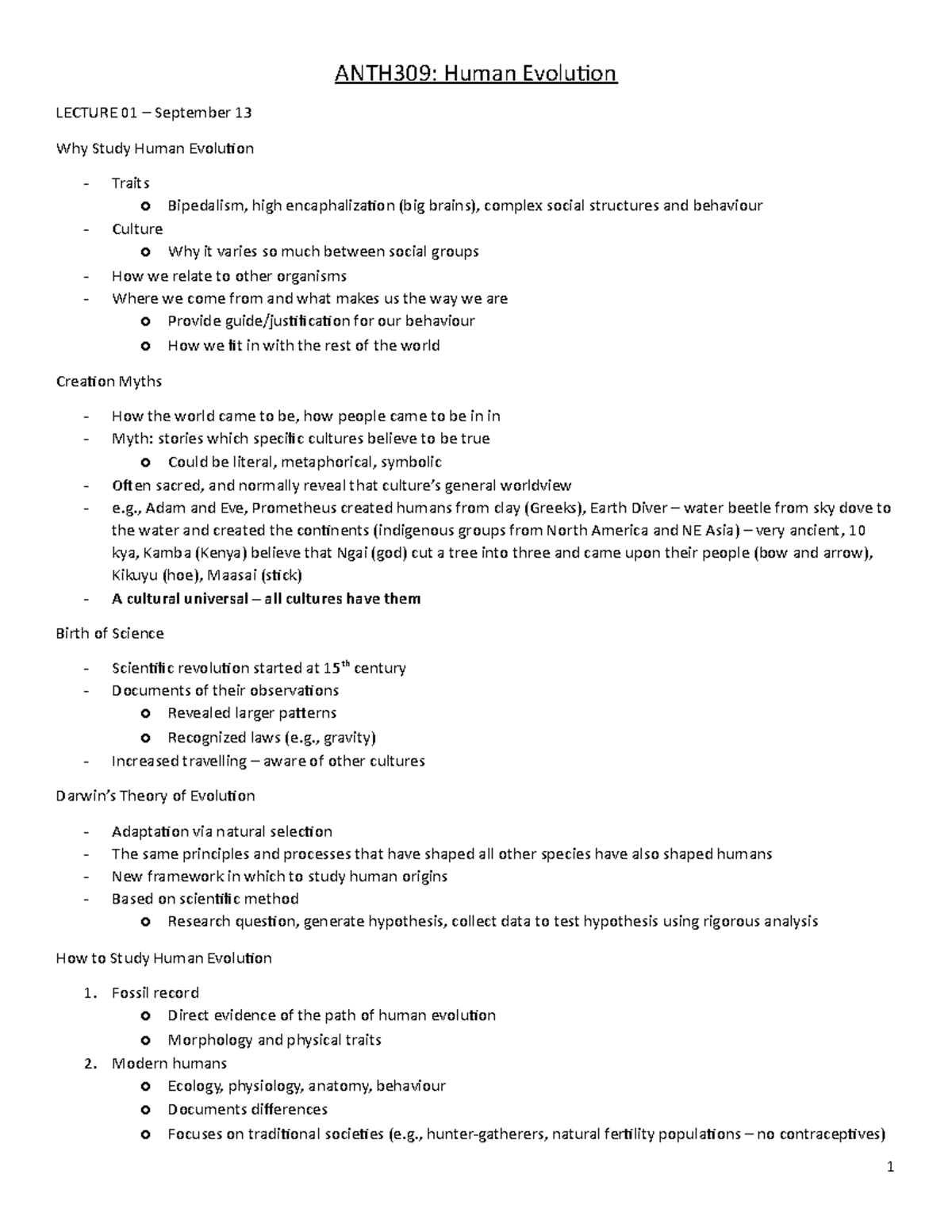 ANTH309 Full Notes - ANTH309: Human Evolution LECTURE 01 – September 13 ...