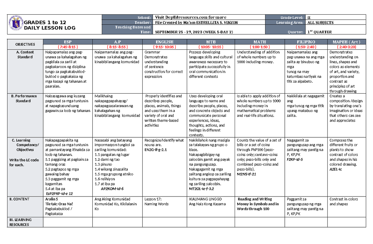 DLL ALL Subjects 2 Q1 W5 D2 - GRADES 1 to 12 DAILY LESSON LOG School ...