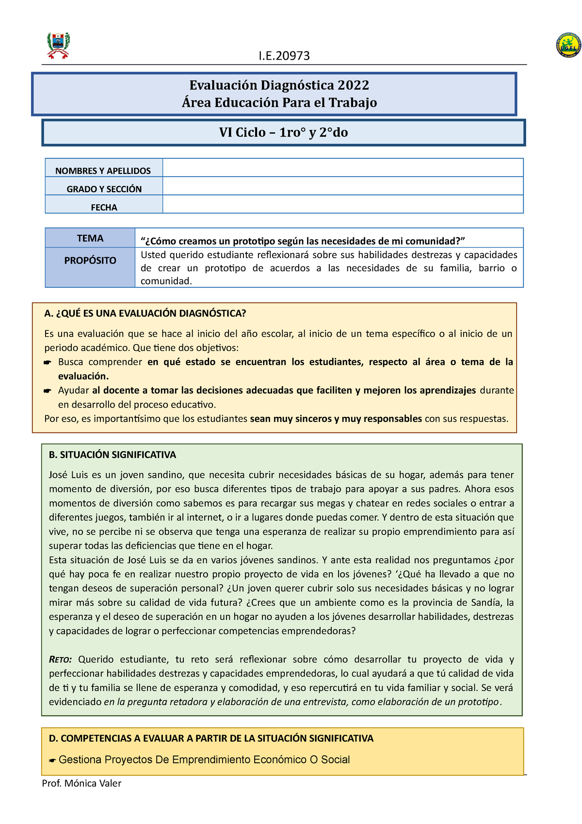 Evaluación Diagnóstica 2022 VI - NOMBRES Y APELLIDOS GRADO Y SECCIÓN ...