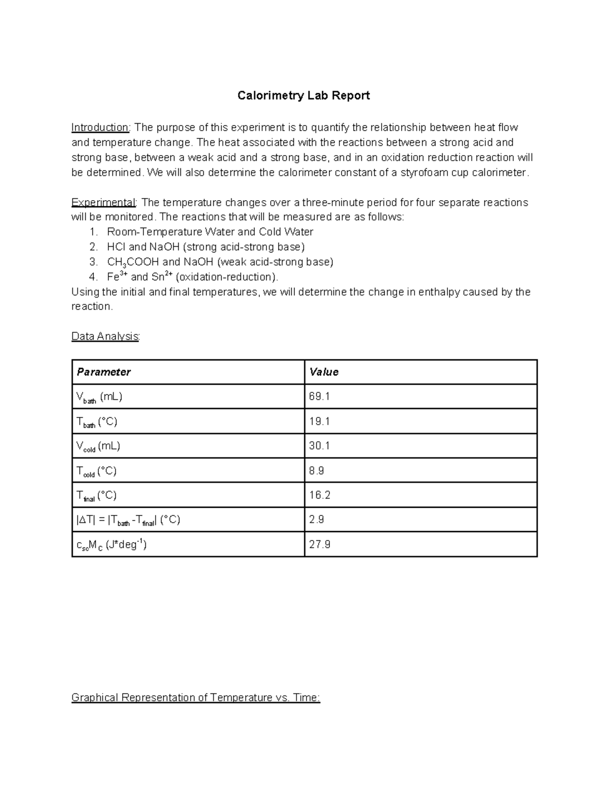 Calorimetry Lab The heat associated with the reactions between a