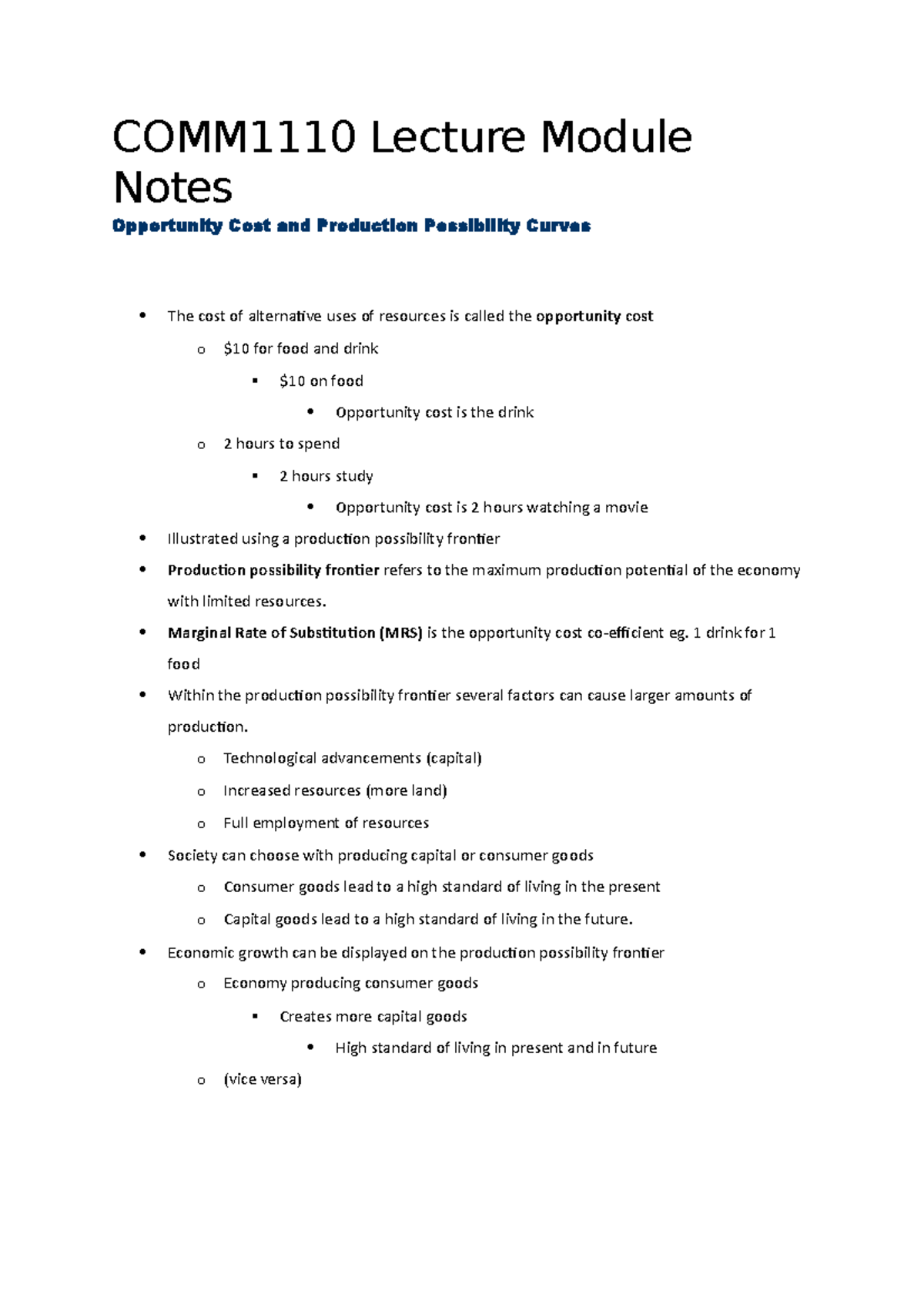 Opportunity Cost and Production Possibility Curves - Studocu
