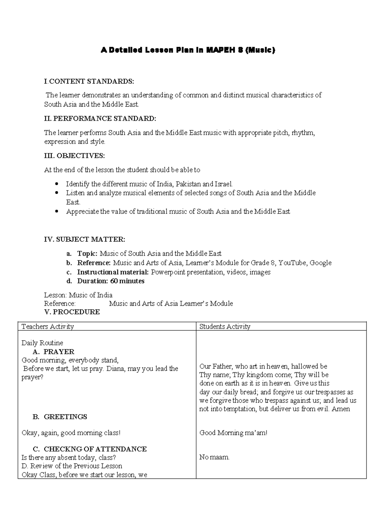 A Detailed Lesson Plan Mapeh A Detailed Lesson Plan In Mapeh 8 Music I Standards The