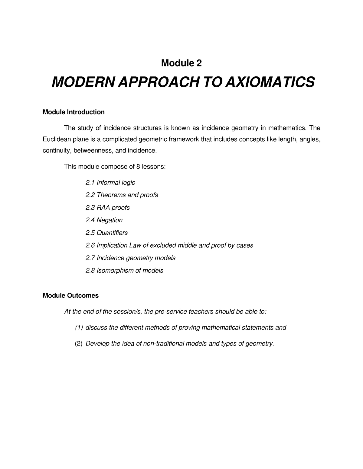 Modern Geometry Module 2 - Module 2 MODERN APPROACH TO AXIOMATICS ...