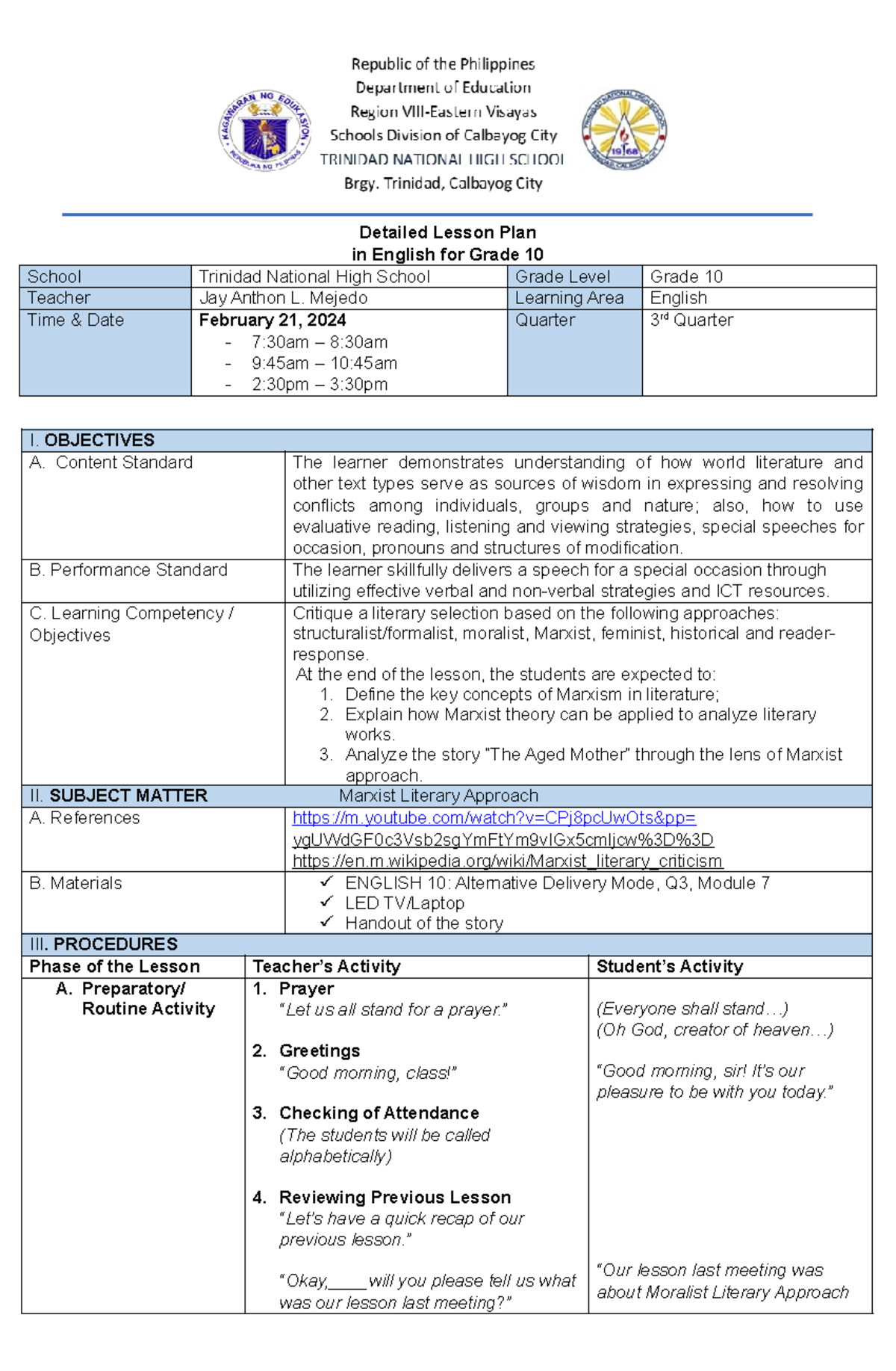 Q3-M4-L3 - LESSON PLAN - Detailed Lesson Plan in English for Grade 10 ...