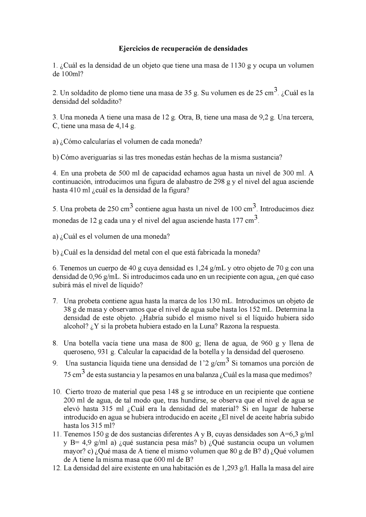 Ejercicios De Densidades - Requisitos Para La Evaluación - Ejercicios ...