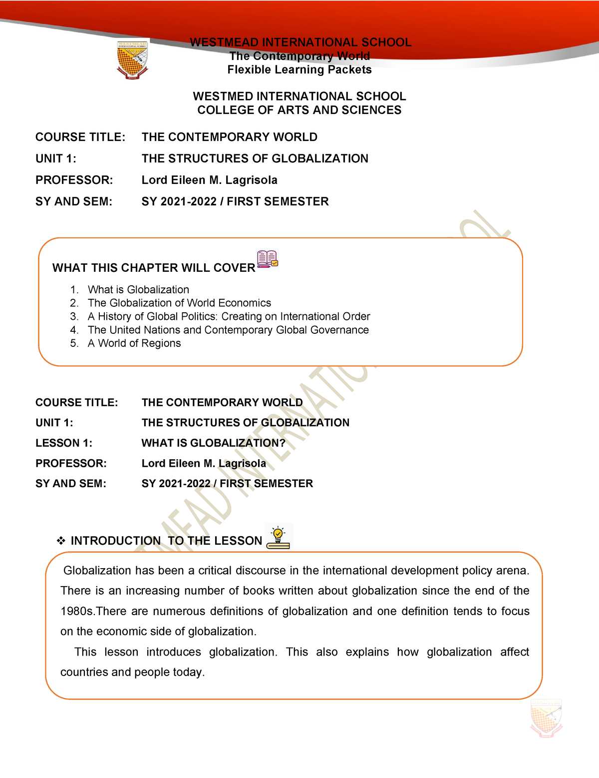 Unitmodule 1 Contemporary - The Contemporary World Flexible Learning ...