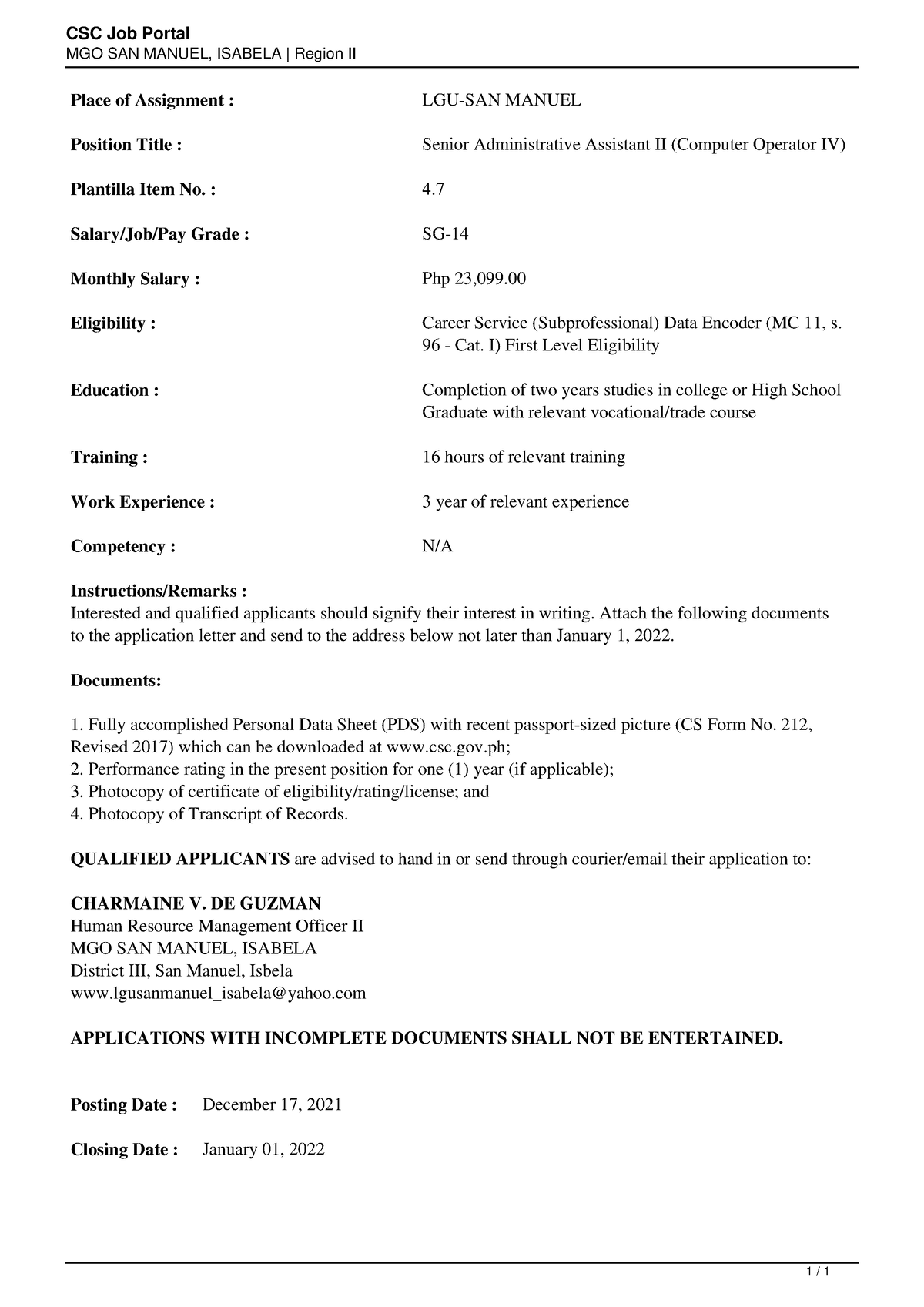 MGO SAN Manuel Isabela-Senior Administrative Assistant II Computer ...