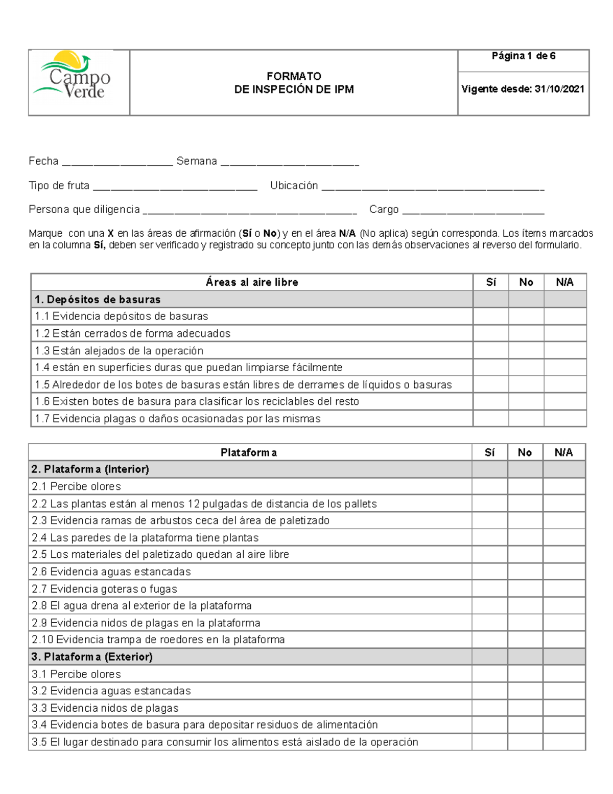 Lista DE Control DE IPM 22 - Fecha _________________________ Semana